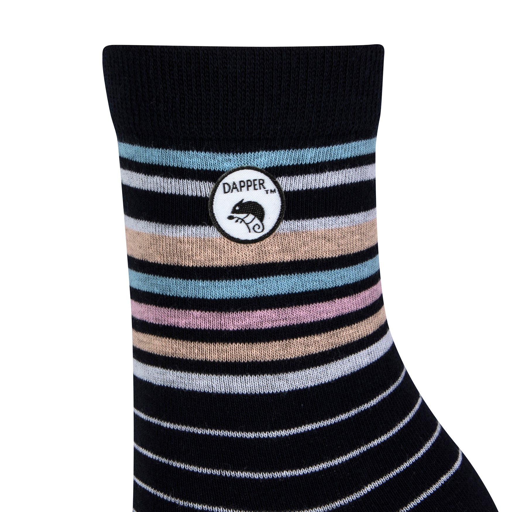 Side view of a combed cotton dark navy seamless toe anklet with pastel blue, orange, pink and white stripes with Dapper Chameleon logo.