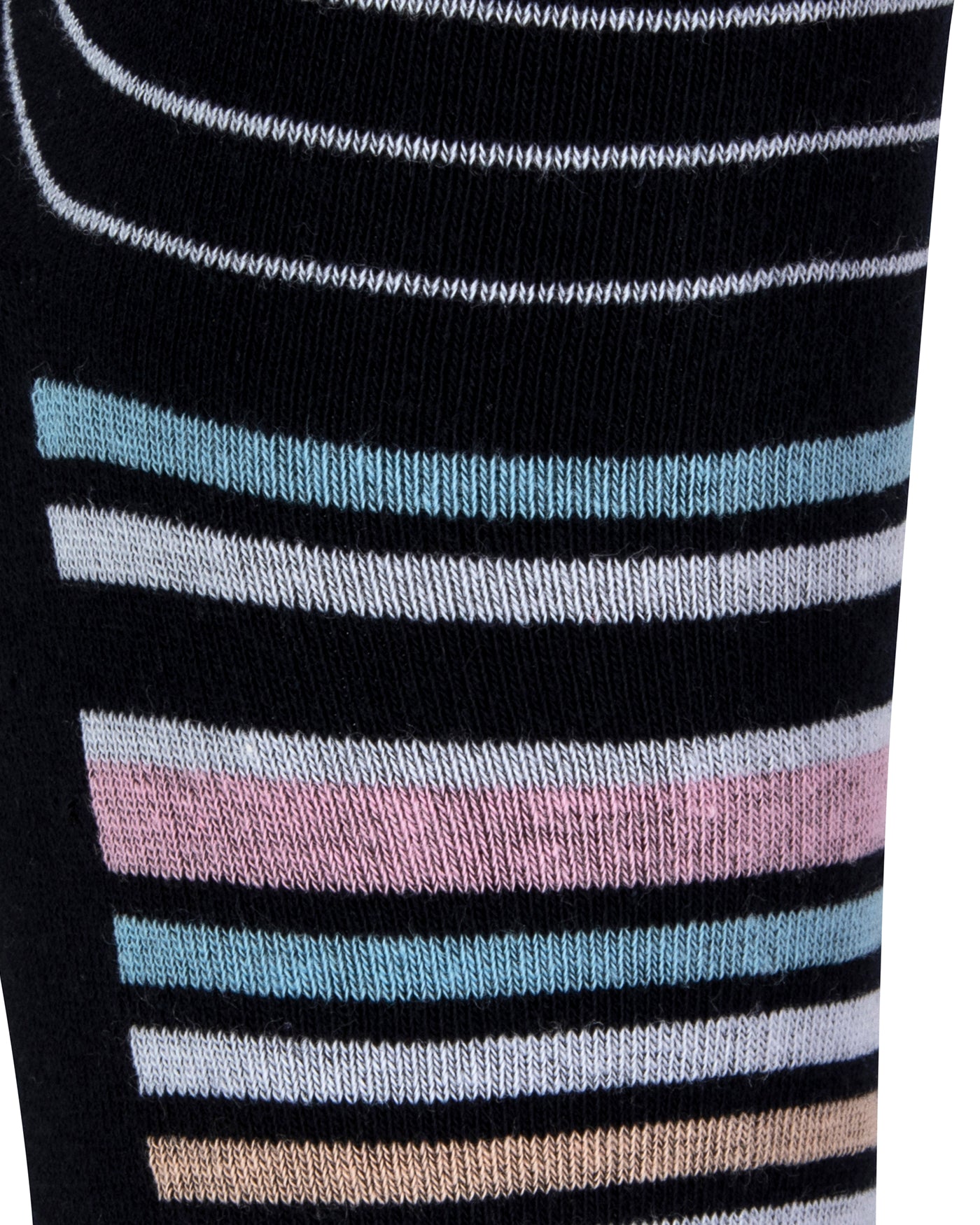 Textured heel view of a combed cotton dark navy seamless toe anklet with pastel blue, orange, pink and white stripes and dark navy heel.