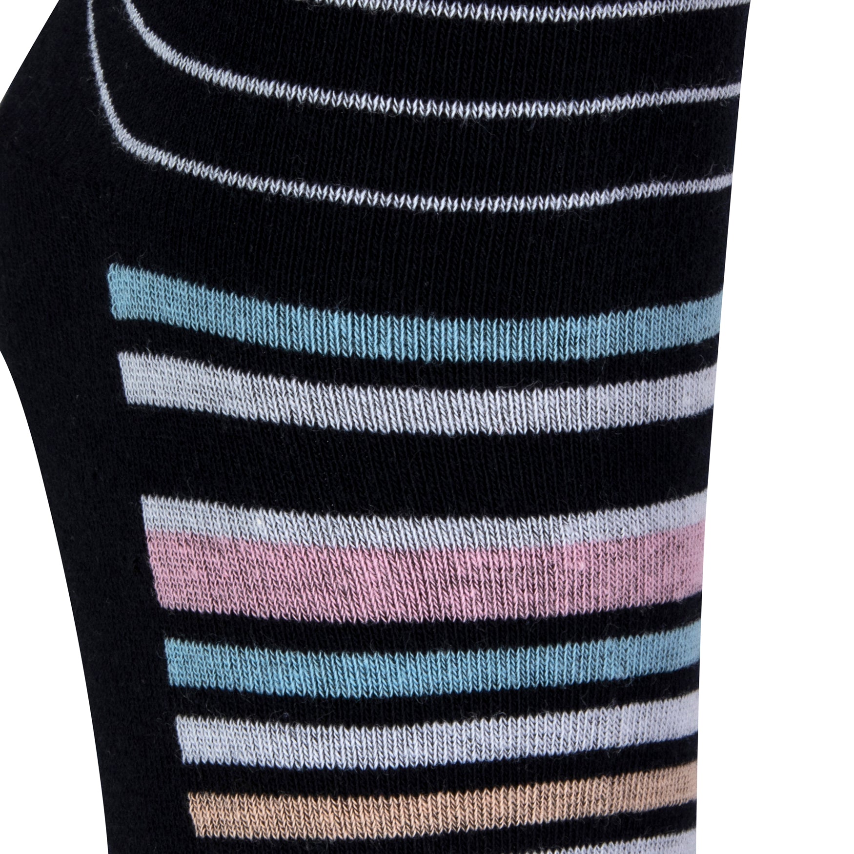 Textured heel view of a combed cotton dark navy seamless toe anklet with pastel blue, orange, pink and white stripes and dark navy heel.