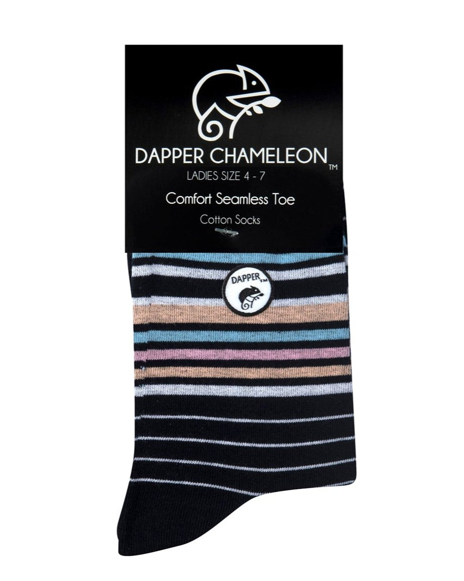 Header card packaging of a combed cotton dark navy seamless toe anklet with pastel blue, orange, pink and white stripes and dark navy heel and toe.