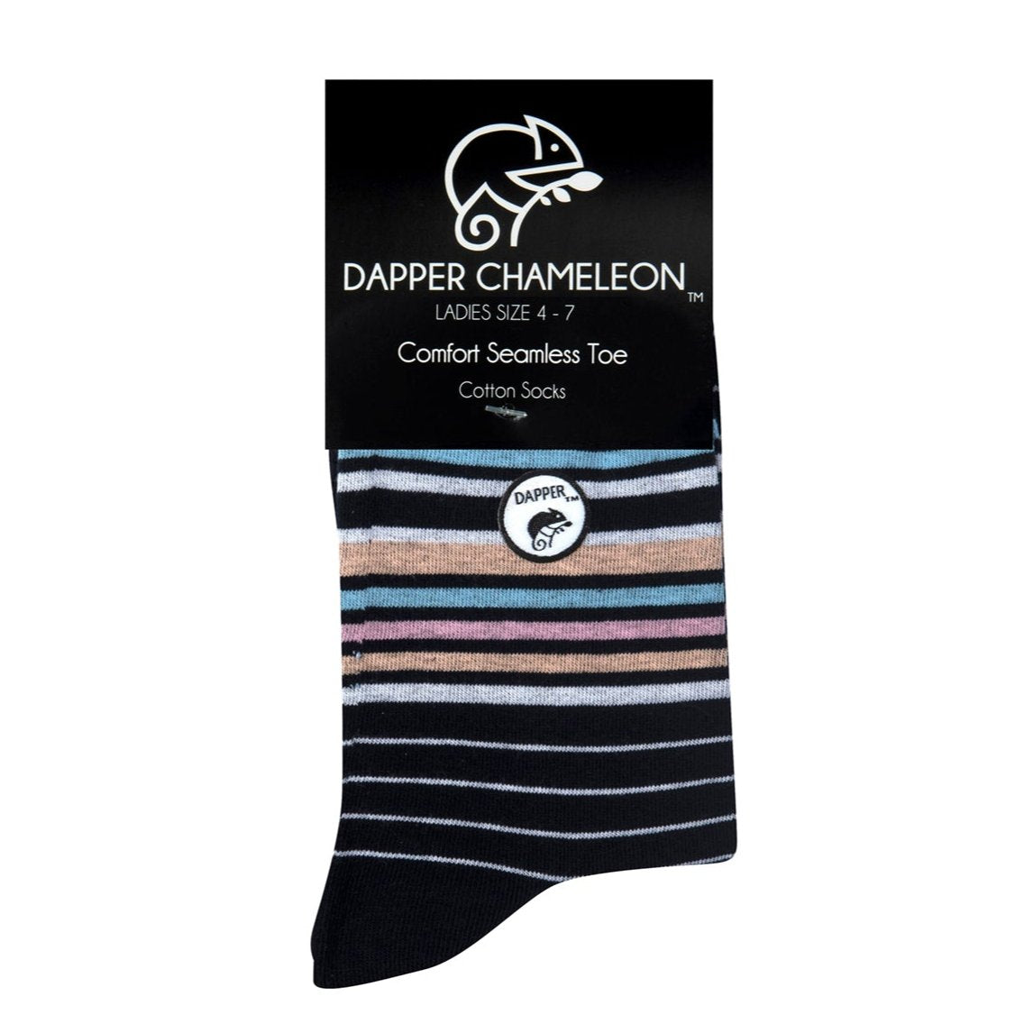Header card packaging of a combed cotton dark navy seamless toe anklet with pastel blue, orange, pink and white stripes and dark navy heel and toe.