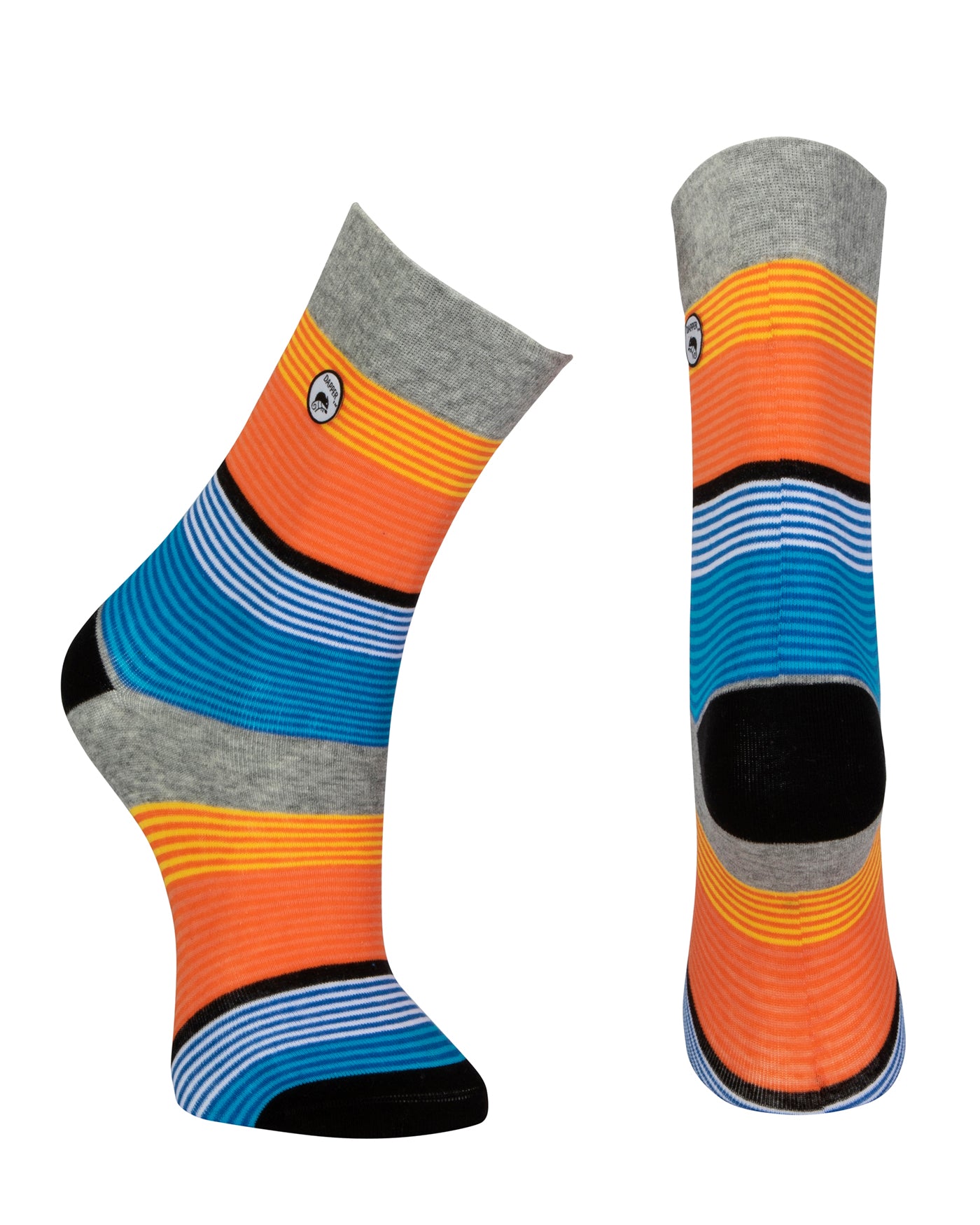 Combed cotton grey seamless toe anklet with yellow, orange, royal blue, sky blue and white and black stripes with a black heel and toe.