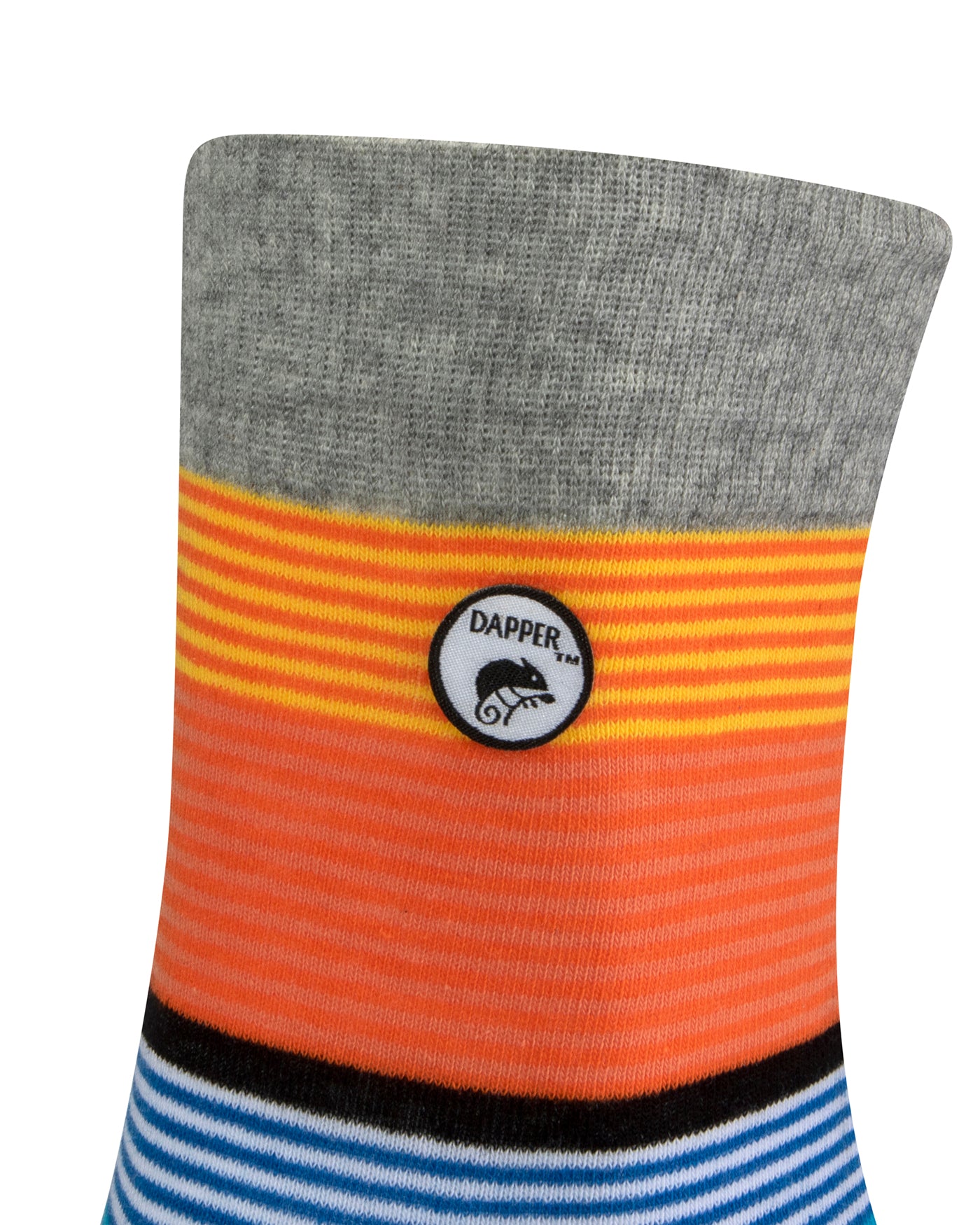 Side view of a combed cotton grey seamless toe anklet with yellow, orange, royal blue, sky blue and white and black stripes with Dapper Chameleon logo.