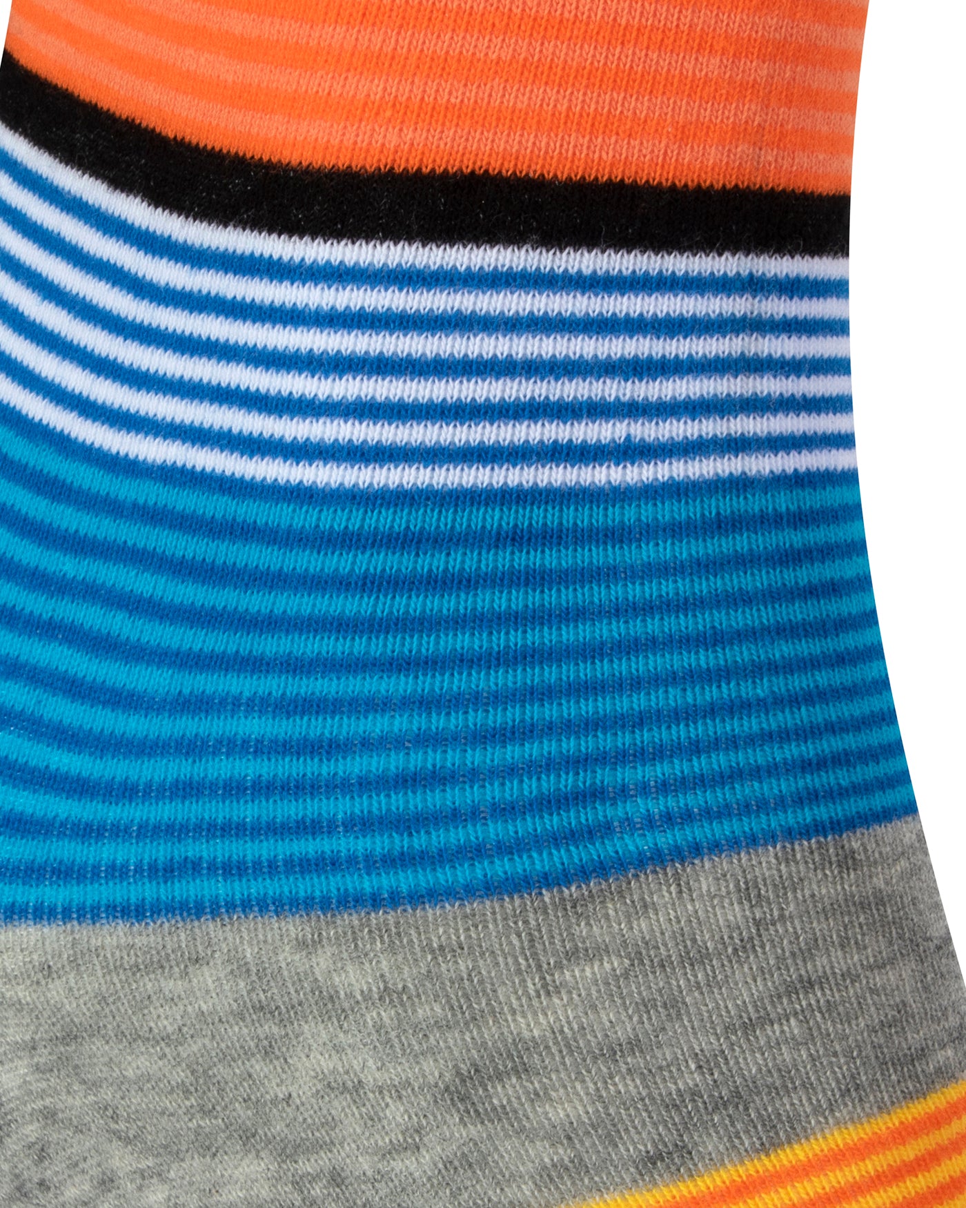 Textured view of a combed cotton grey seamless toe anklet with yellow, orange, royal blue, sky blue and white and black stripes.