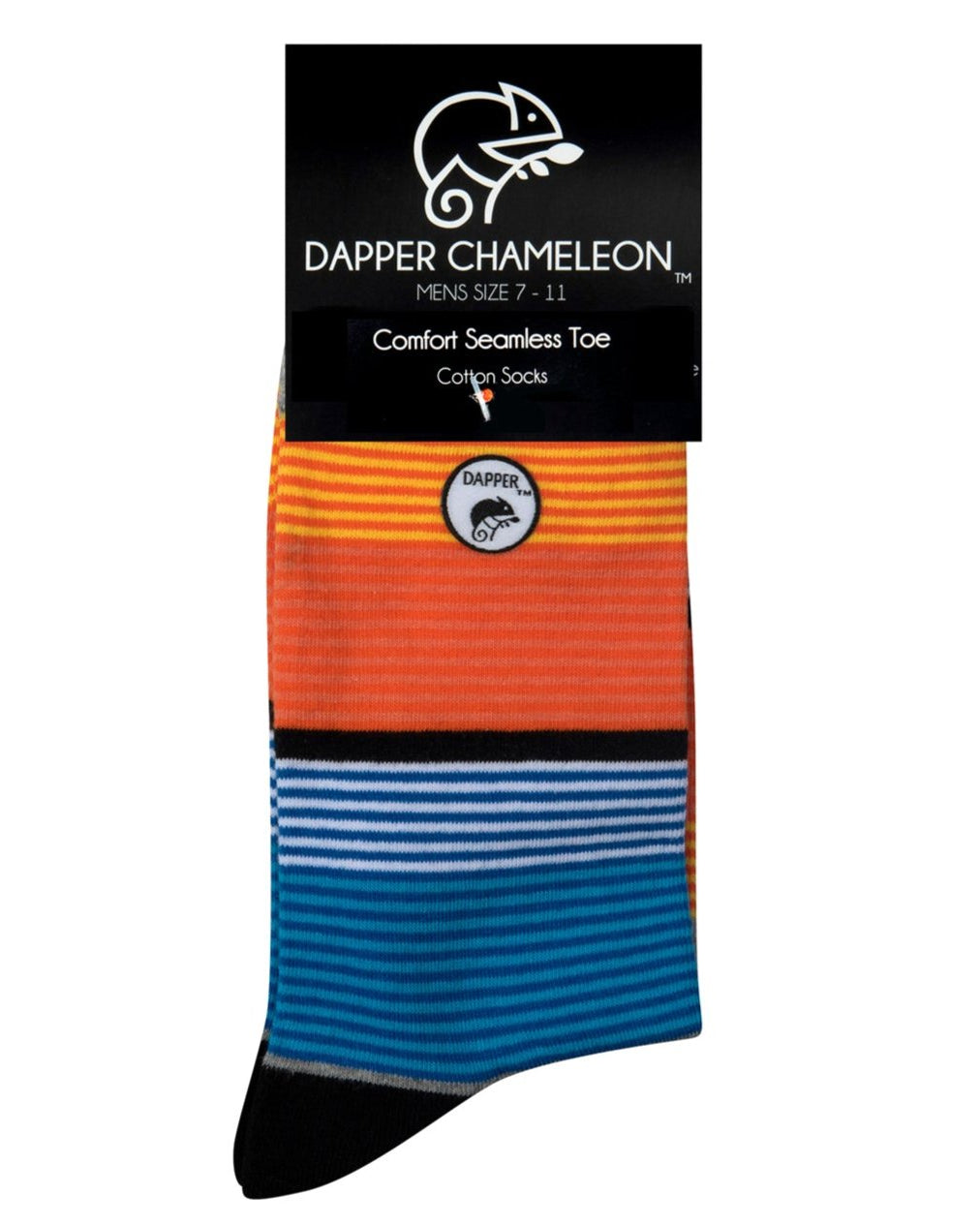 Header card packaging of a combed cotton grey seamless toe anklet with yellow, orange, royal blue, sky blue and white and black stripes with a black heel and toe.
