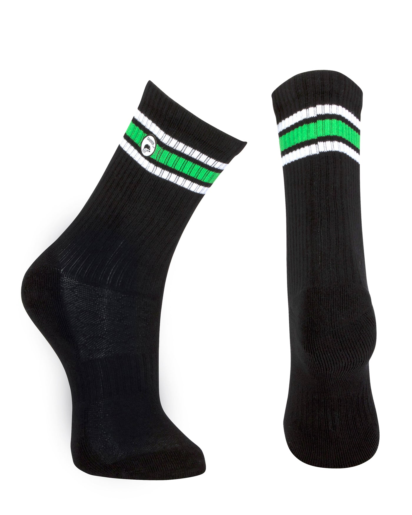 Long length ribbed black combed cotton seamless toe anklet with neon green and white stripes with a black heel and toe, cushioned foot and circular gripper around the arch of the foot.