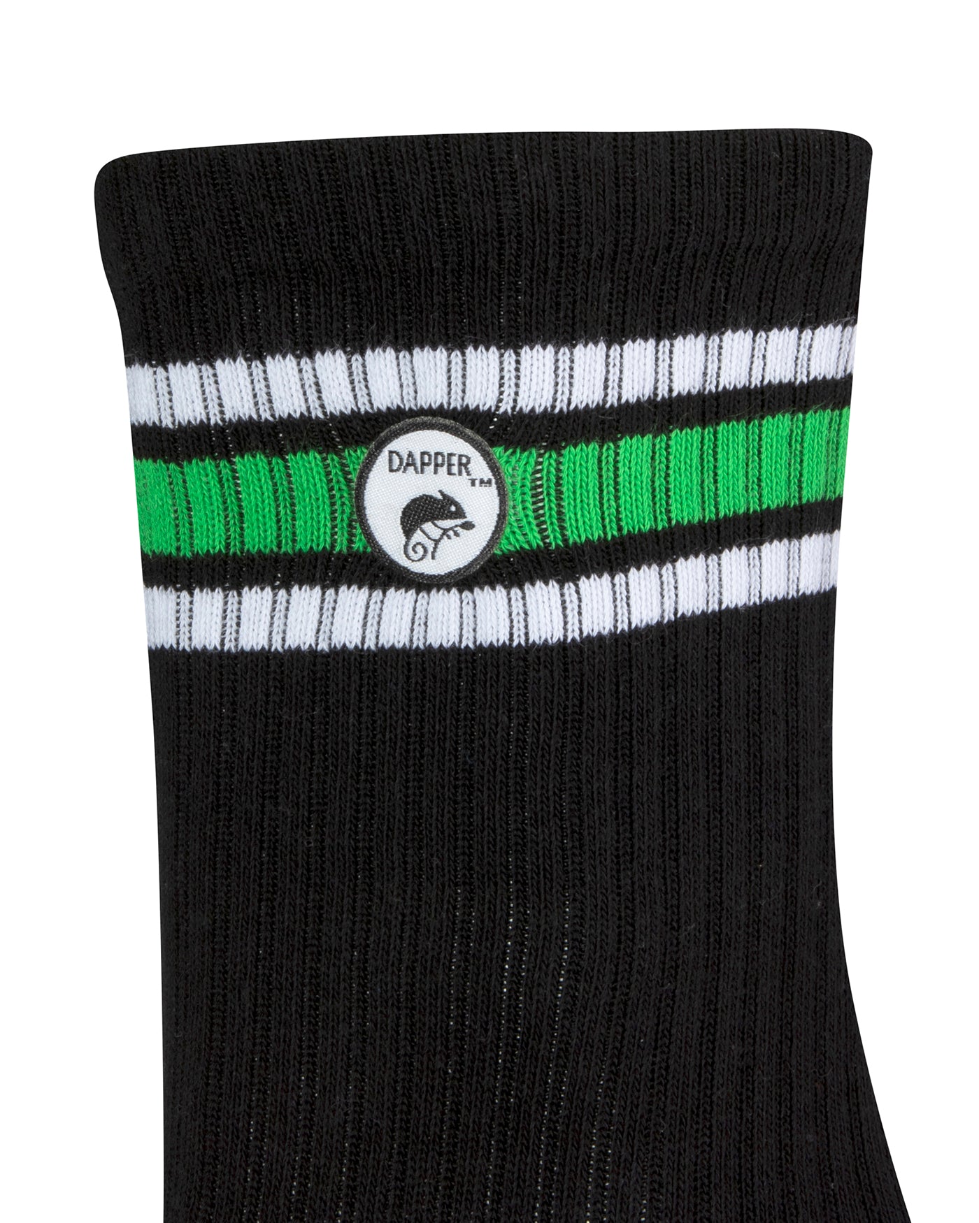 Side view of a long length ribbed black combed cotton seamless toe anklet with neon green and white stripes with Dapper Chameleon logo.