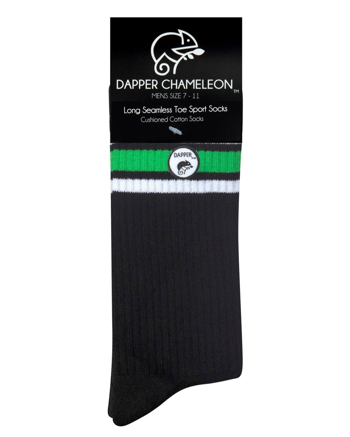 Header card packaging of a long length ribbed black combed cotton seamless toe anklet with neon green and white stripes with a black heel and toe, cushioned foot and circular gripper around the arch of the foot.