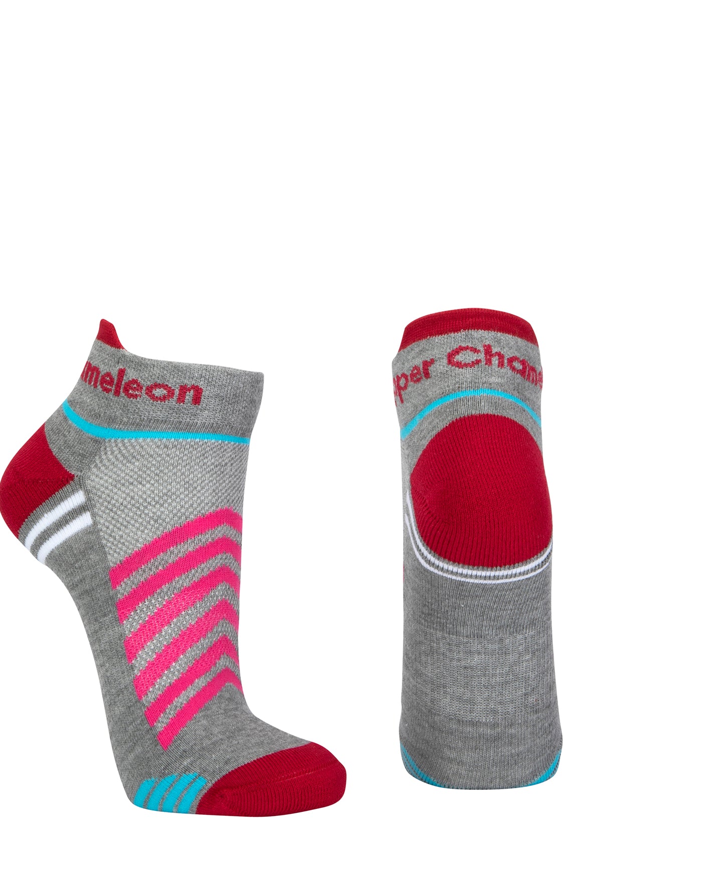 Grey seamless toe sport sock with cerise pink and white stripes with a maroon red cushioned lip, heel and toe.