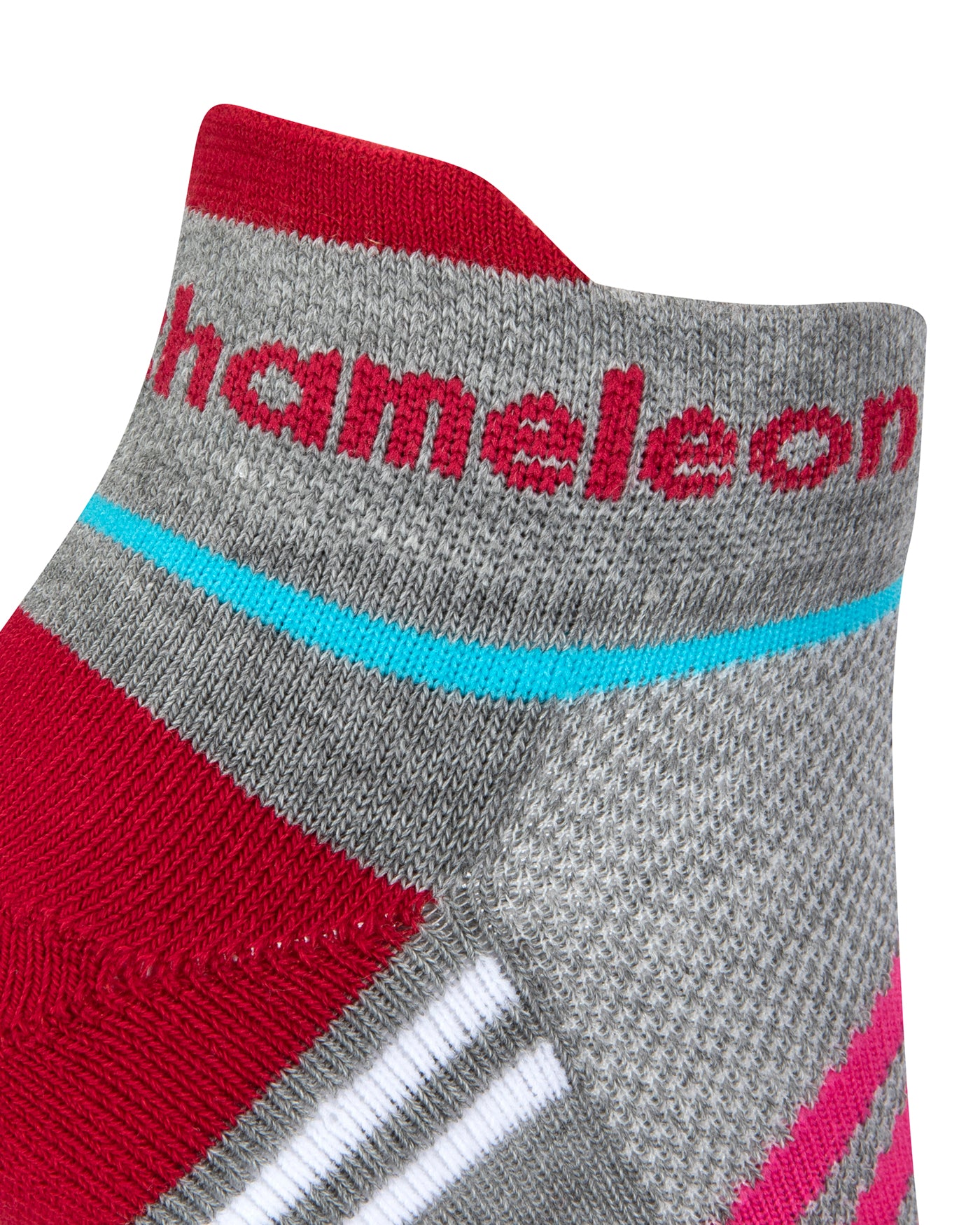 Side view of a Grey seamless toe sport sock with cerise pink and white stripes with a maroon red cushioned heel and lip with maroon red Dapper Chameleon wording on the cuff.