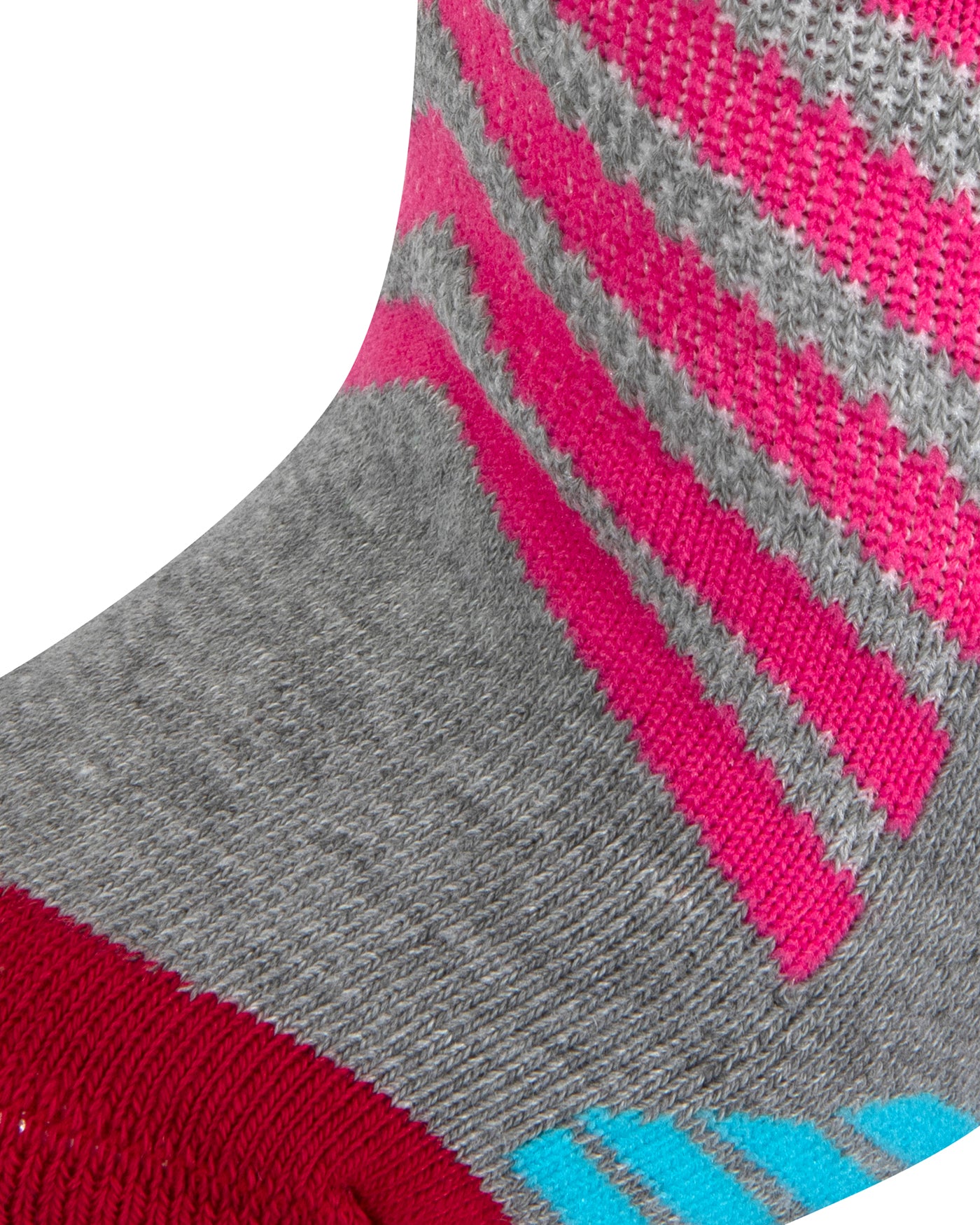 Textured view of a grey seamless toe sport sock with cerise pink stripes with a maroon red cushioned toe.