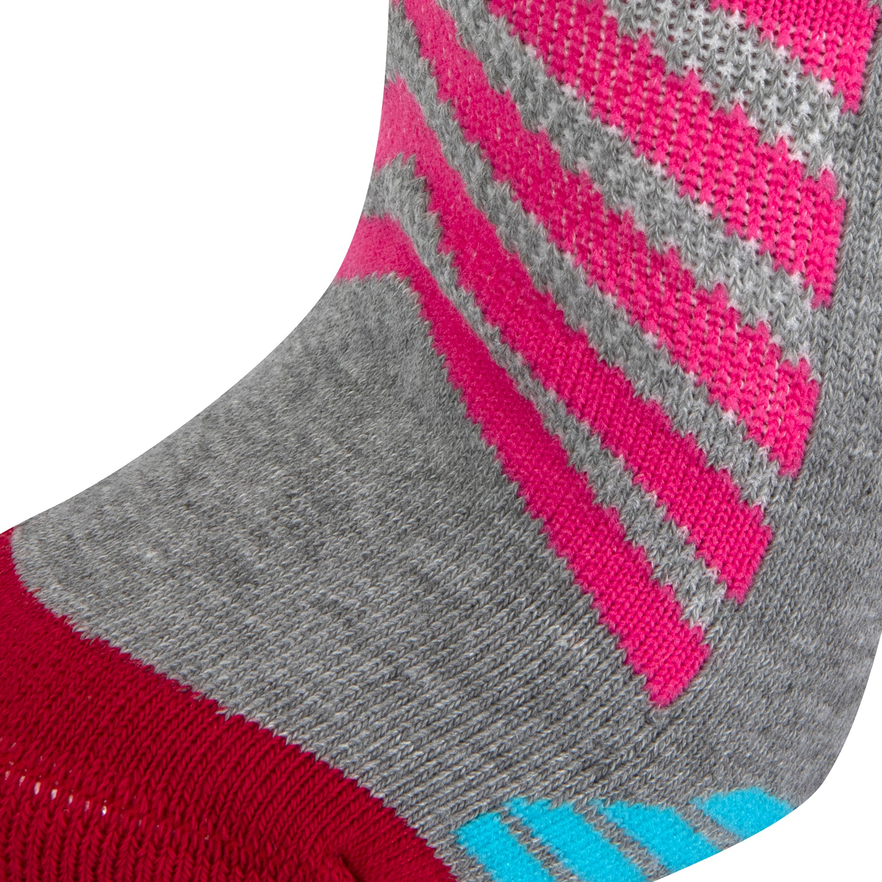Textured view of a grey seamless toe sport sock with cerise pink stripes with a maroon red cushioned toe.