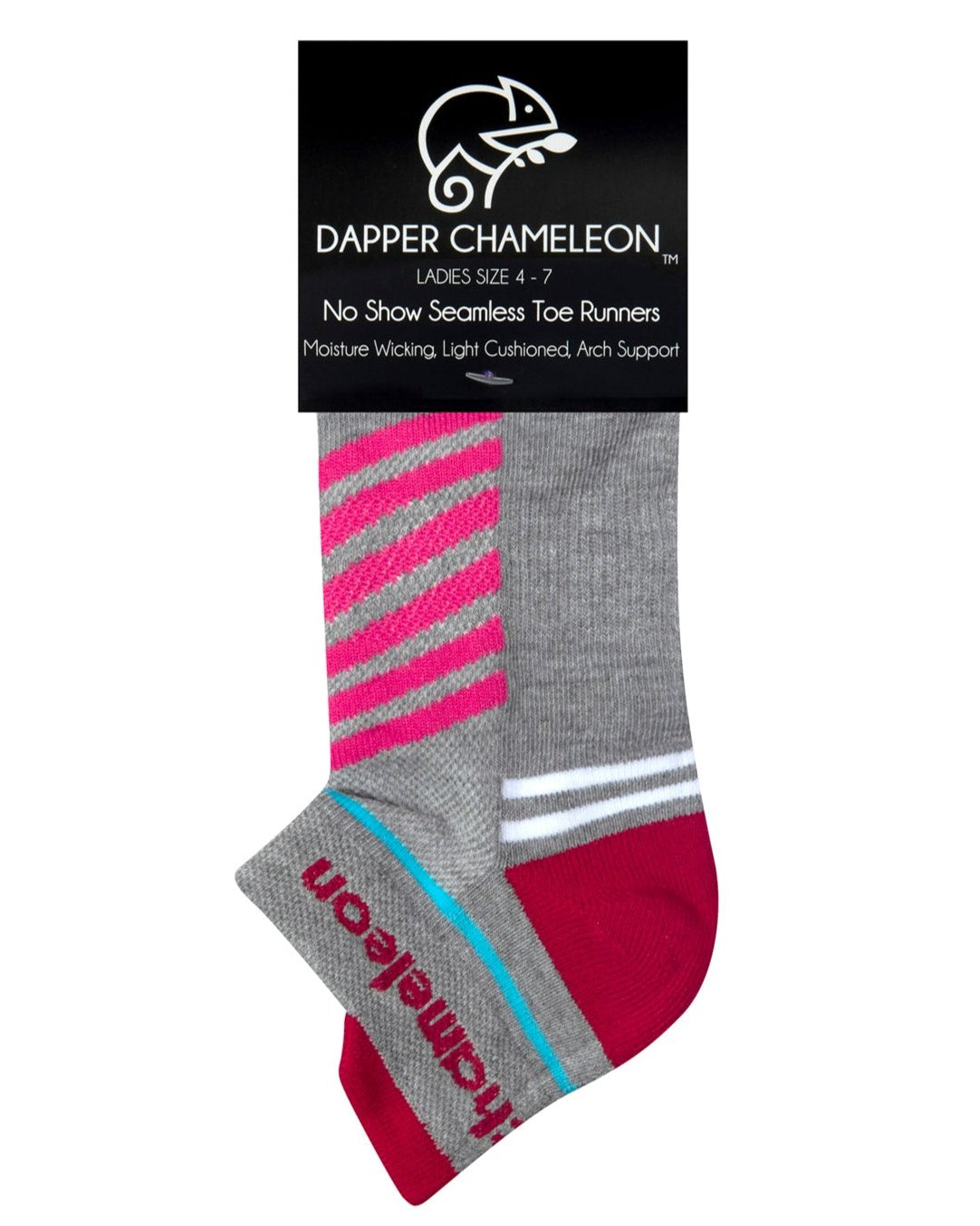 Header card packaging of a grey seamless toe sport sock with cerise pink and white stripes with a maroon red cushioned lip, heel and toe.