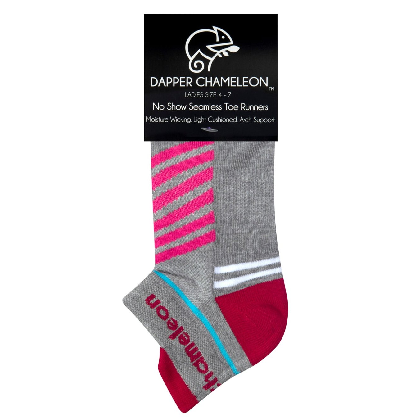Header card packaging of a grey seamless toe sport sock with cerise pink and white stripes with a maroon red cushioned lip, heel and toe.