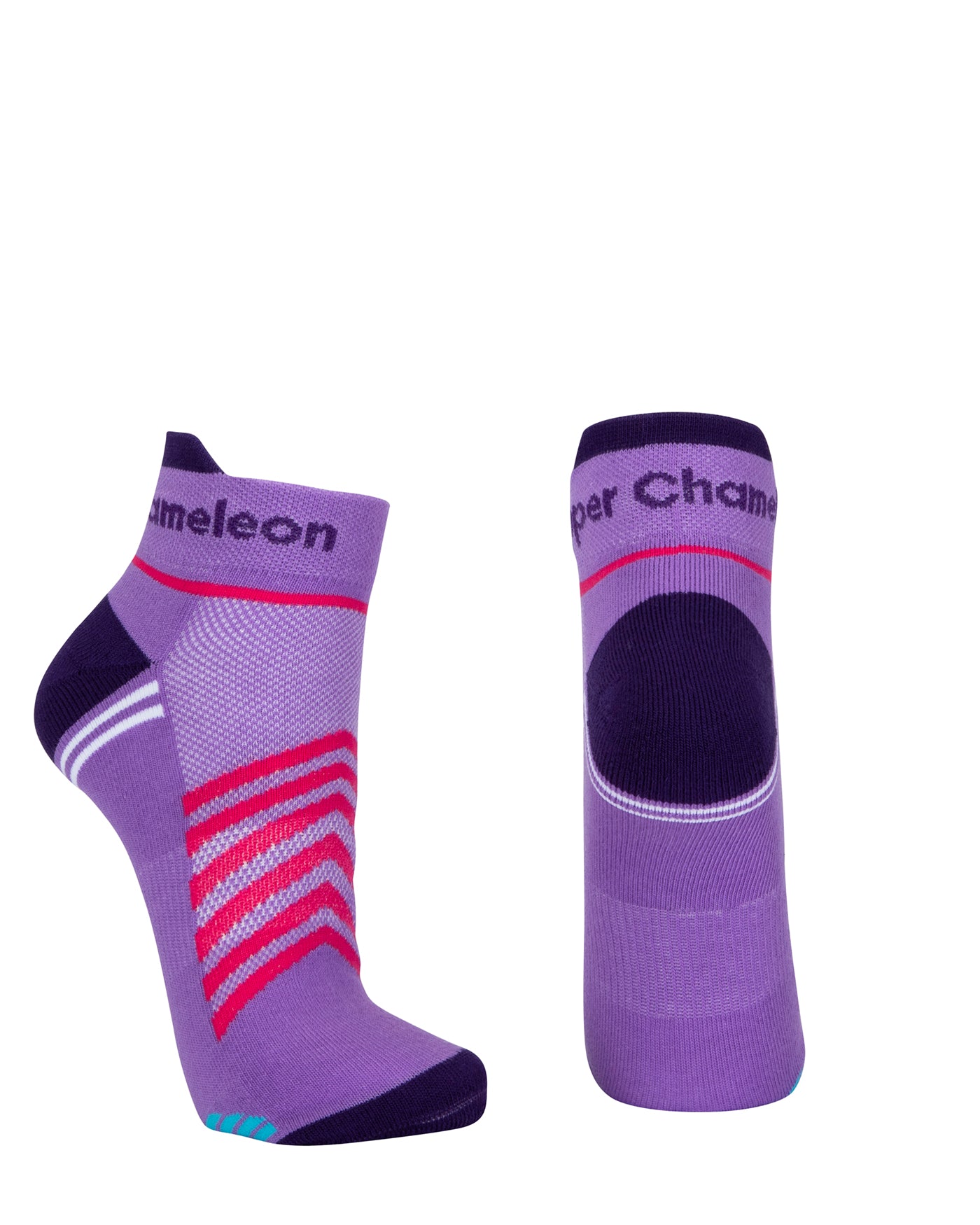 Purple seamless toe sport sock with neon pink and white stripes with a dark purple cushioned lip, heel and toe.