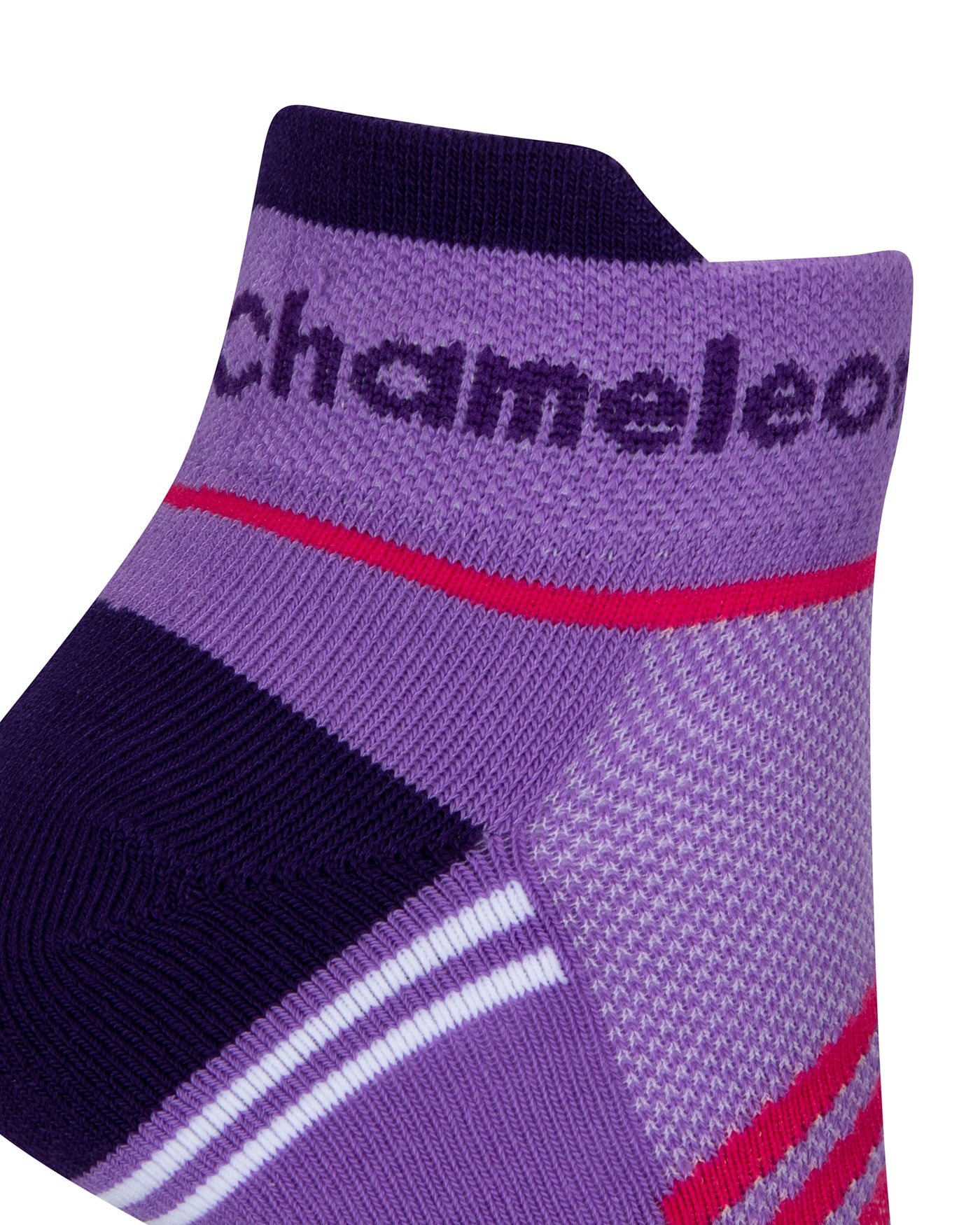 Side view of a purple seamless toe sport sock with neon pink and white stripes with a dark purple cushioned lip and heel and with purple Dapper Chameleon wording on the cuff.