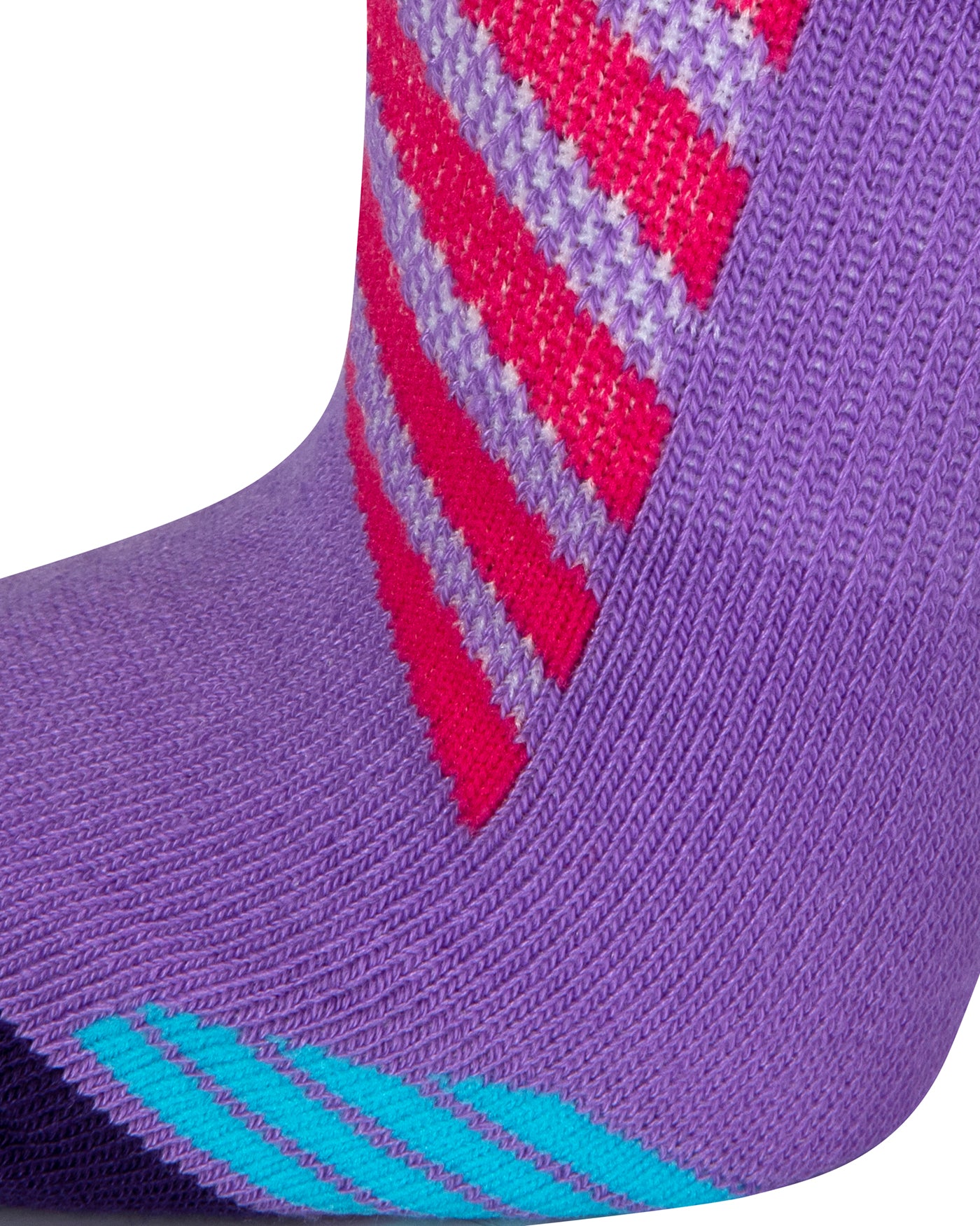 Textured view of a purple seamless toe sport sock with neon pink and sky blue stripes with a dark purple cushioned toe.