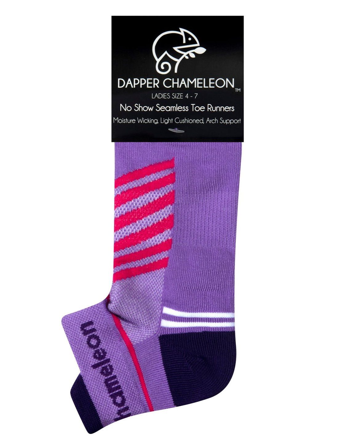Header card packaging of a purple seamless toe sport sock with neon pink and white stripes with a dark purple cushioned lip, heel and toe.