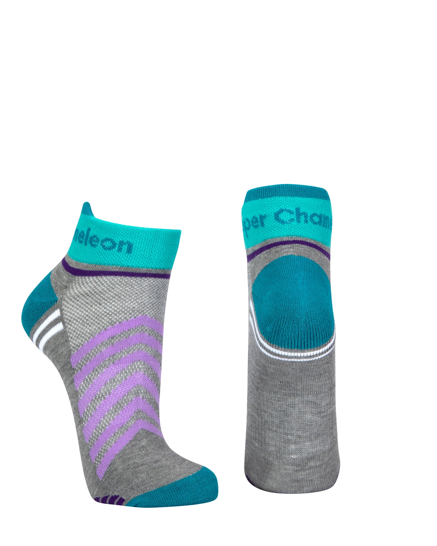 Grey seamless toe sport sock with lilac and white stripes with an emerald green cushioned lip, heel and toe.