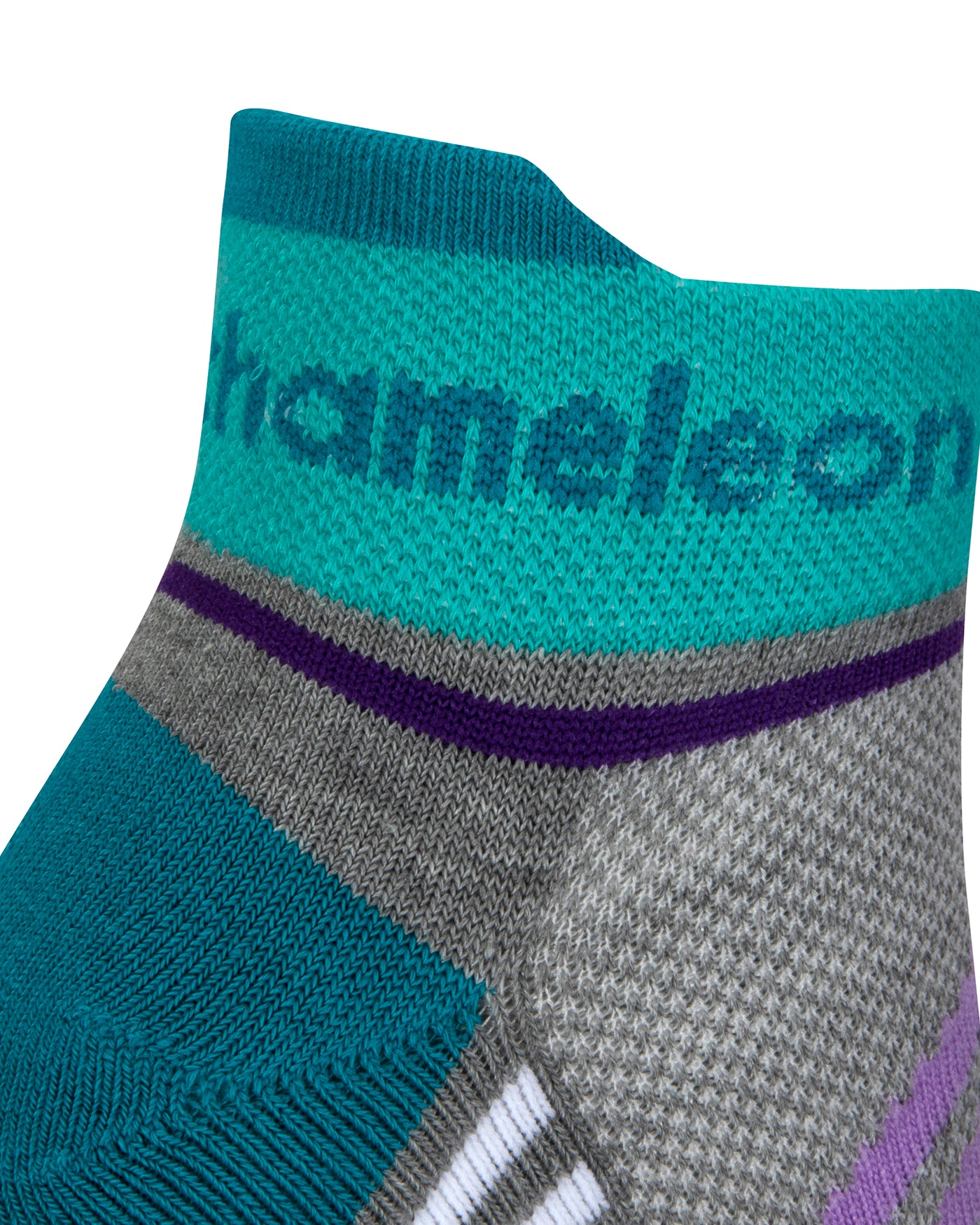 Side view of a grey seamless toe sport sock with dark purple, lilac and white stripes with an emerald green cushioned lip and heel with teal Dapper Chameleon wording on the cuff.