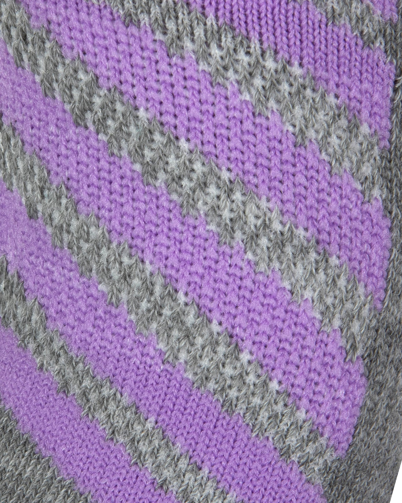 Textured view of a grey seamless toe sport sock with lilac and grey stripes.