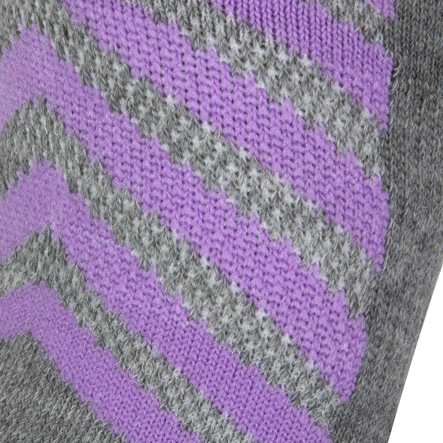 Textured view of a grey seamless toe sport sock with lilac and grey stripes.