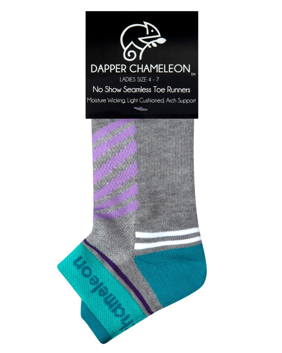 Header card packaging of a grey seamless toe sport sock with lilac and white stripes with an emerald green cushioned lip, heel and toe.