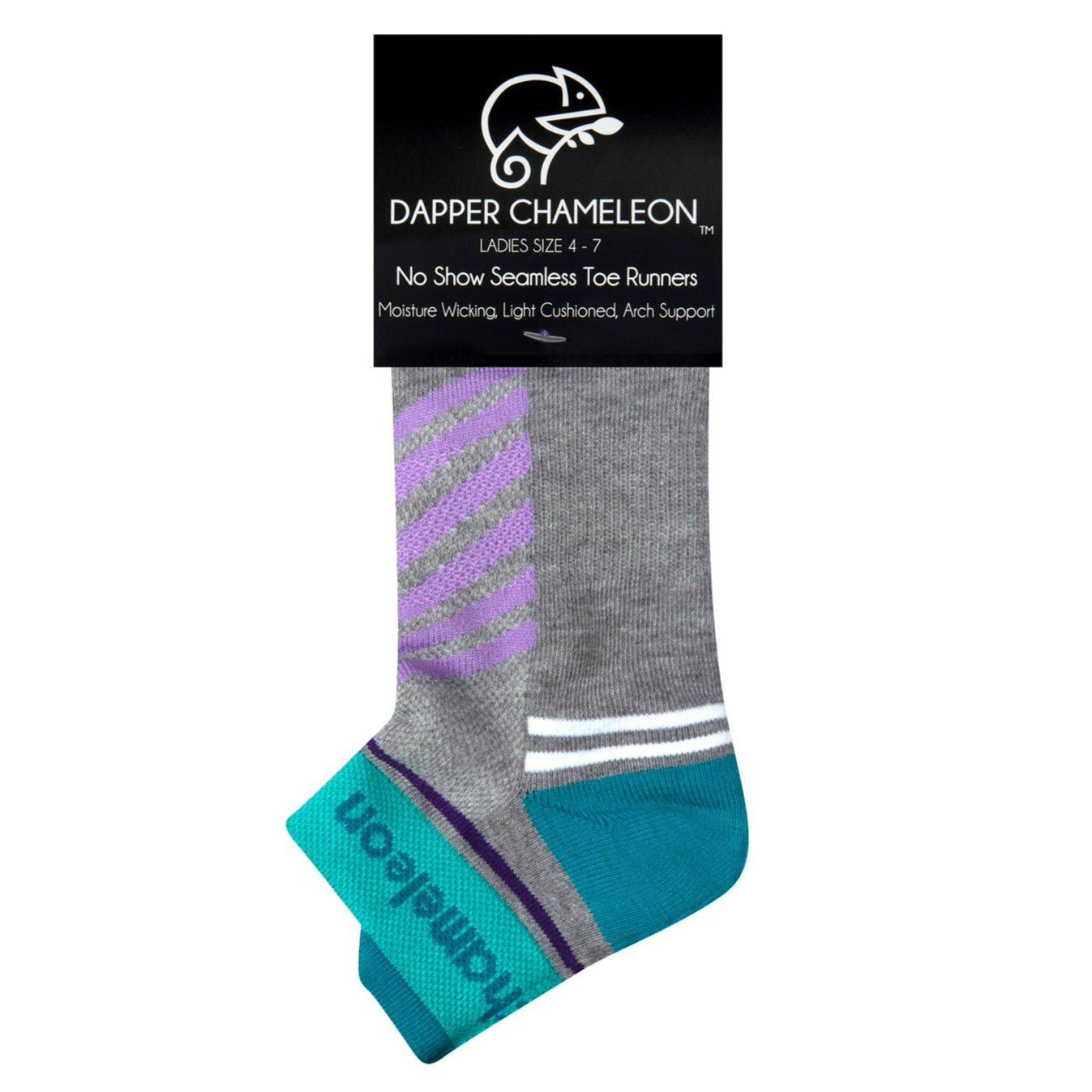Header card packaging of a grey seamless toe sport sock with lilac and white stripes with an emerald green cushioned lip, heel and toe.