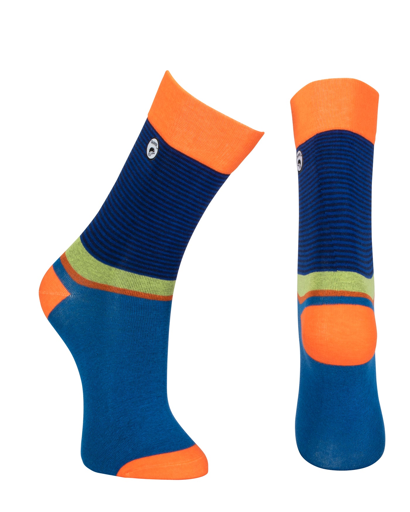 Combed cotton seamless toe anklet with a blue, black and yellow stripe with a orange heel, toe and cuff.
