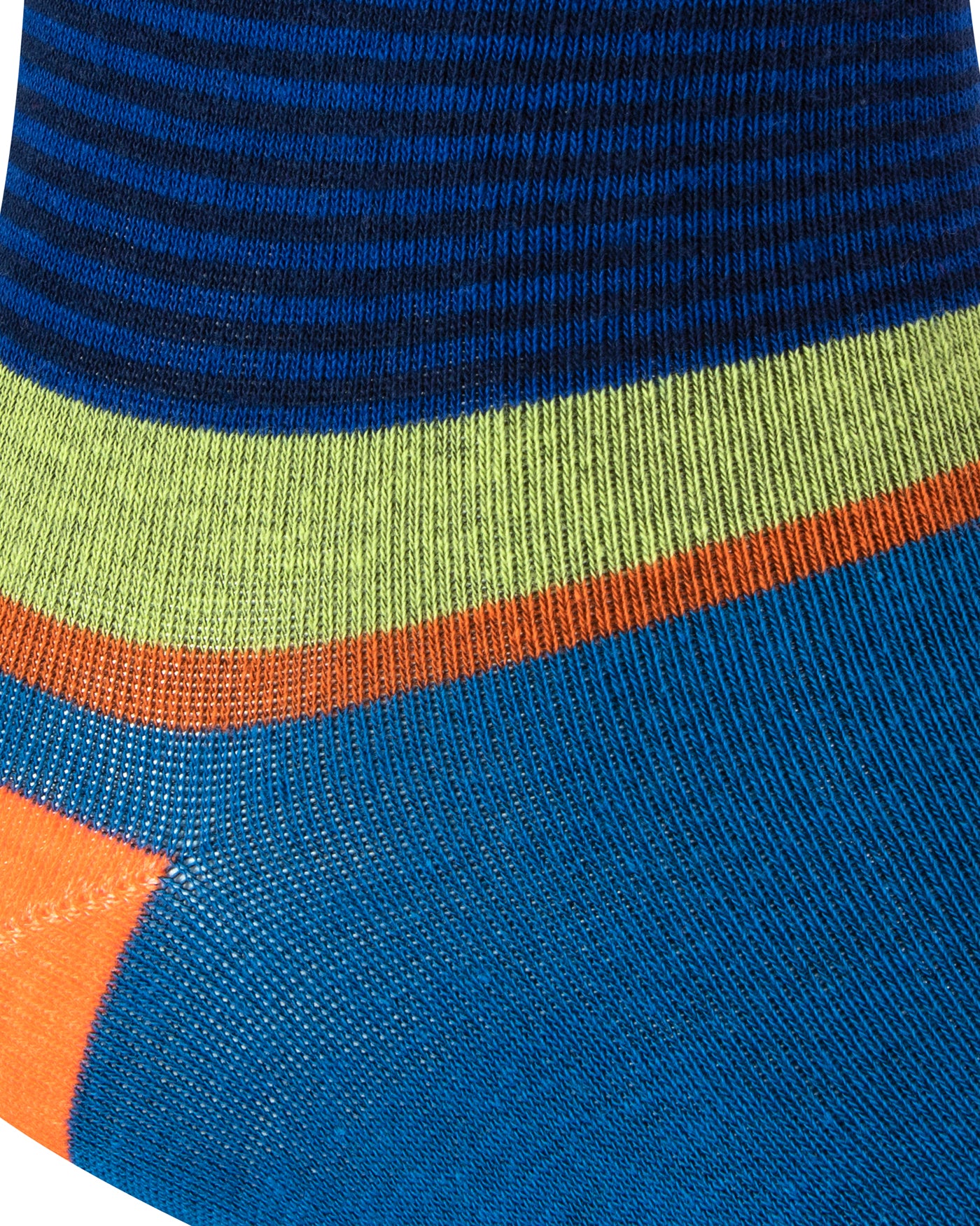 Textured heel view of a combed cotton seamless toe anklet with a blue, black and yellow stripe with a orange heel.