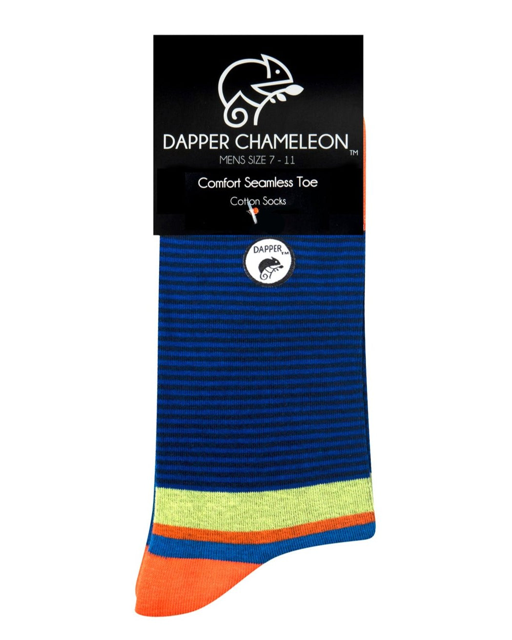Header card packaging of a combed cotton seamless toe anklet with a blue, black and yellow stripe with a orange heel, toe and cuff.