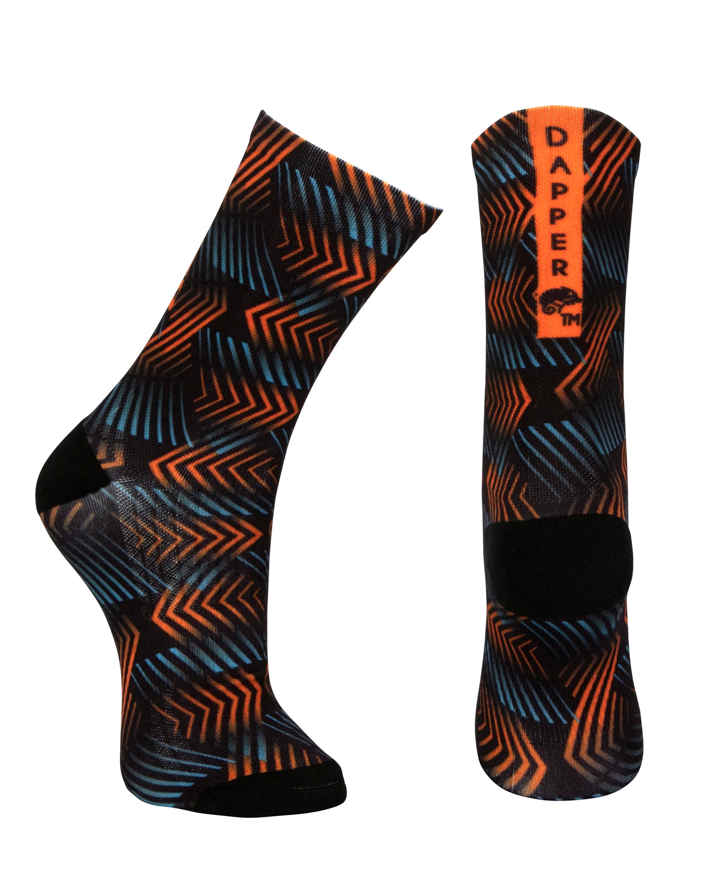 Black seamless toe sock with orange and blue geometric print design and black heel and toe.