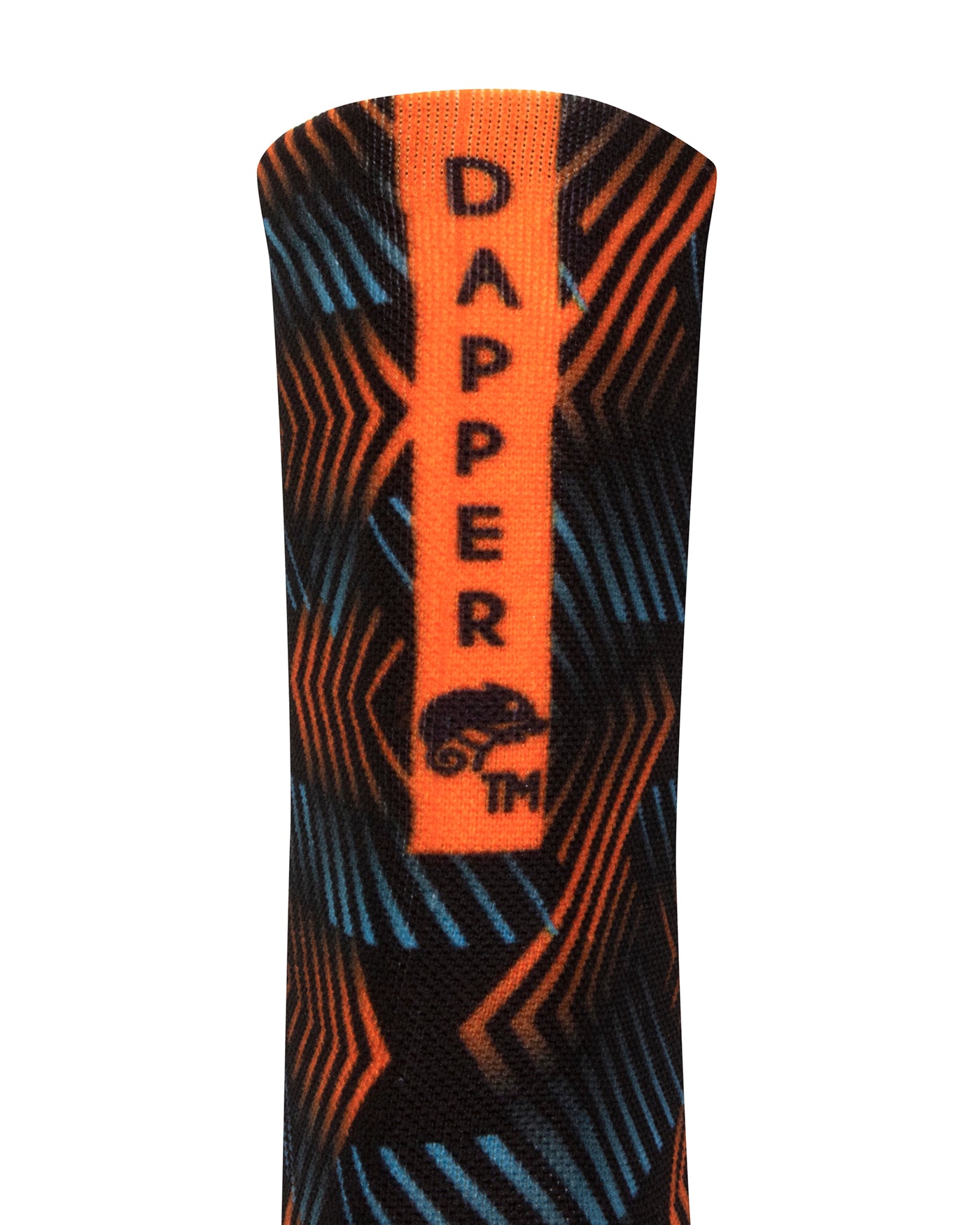 Back view of a black seamless toe sock with orange and blue geometric print design with a bright orange strip with Dapper Chameleon wording and logo in black.