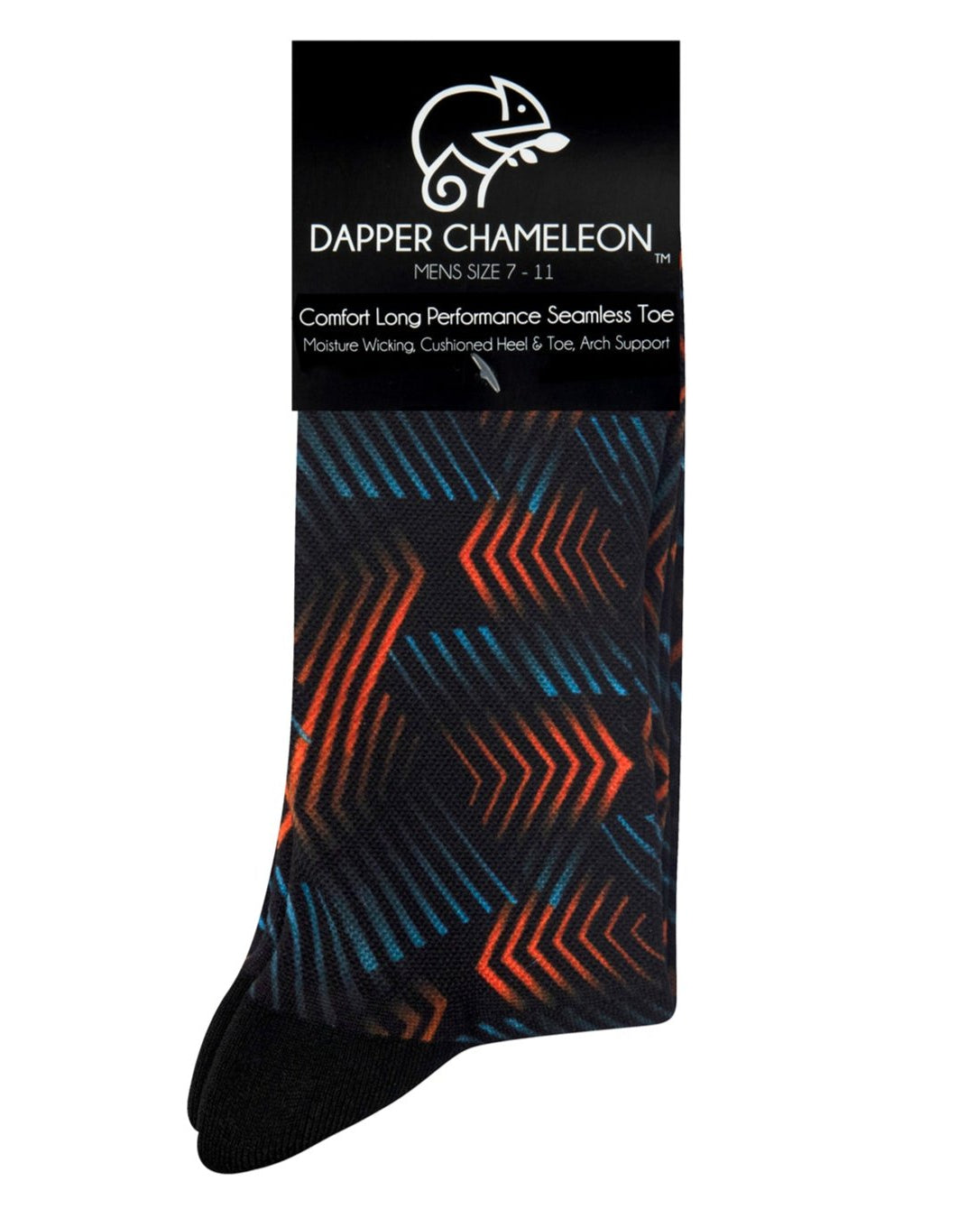 Header card packaging of a black seamless toe sock with orange and blue geometric print design and black heel and toe.