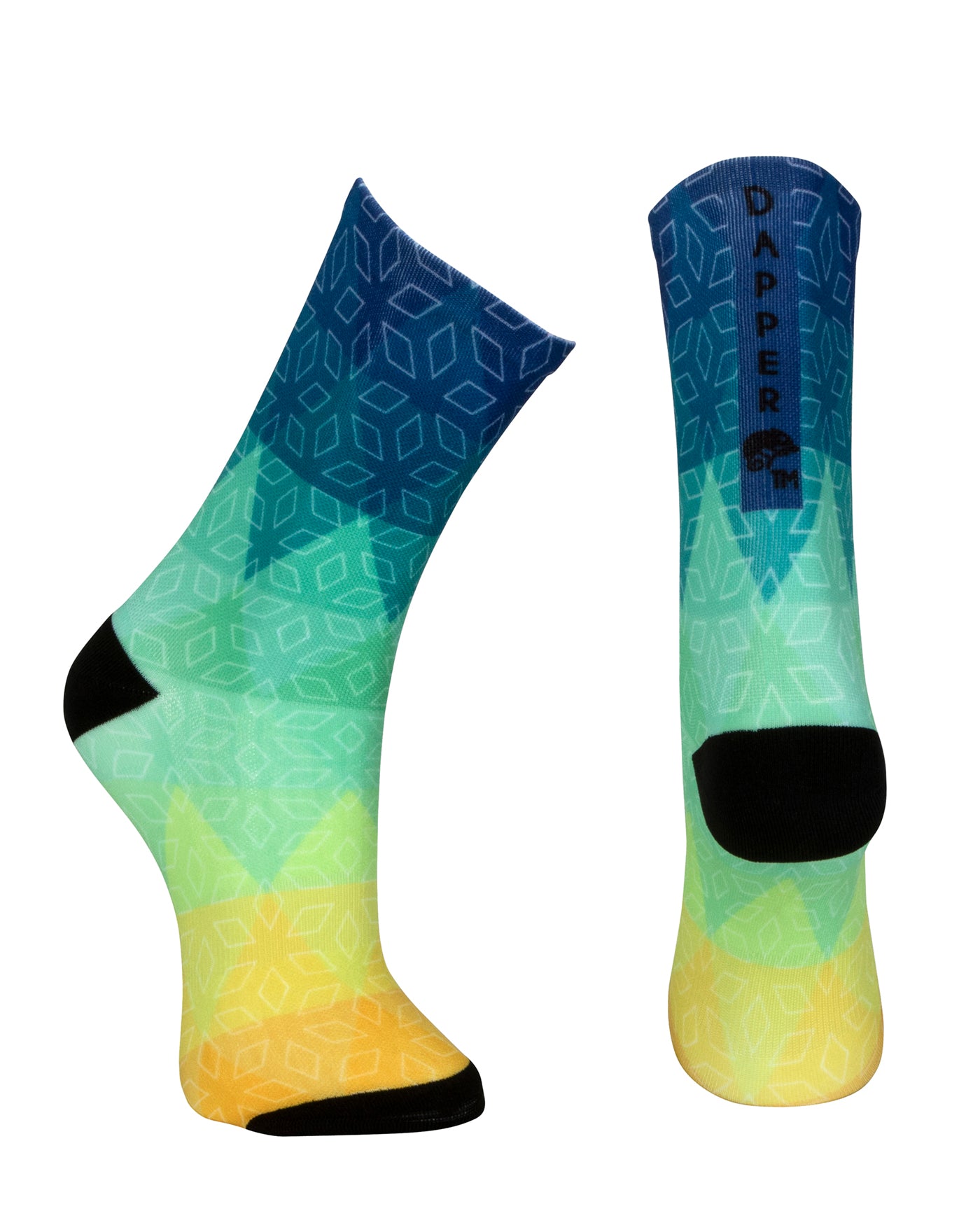 Seamless toe sock with blue, green, yellow ombre print design and black heel and toe.