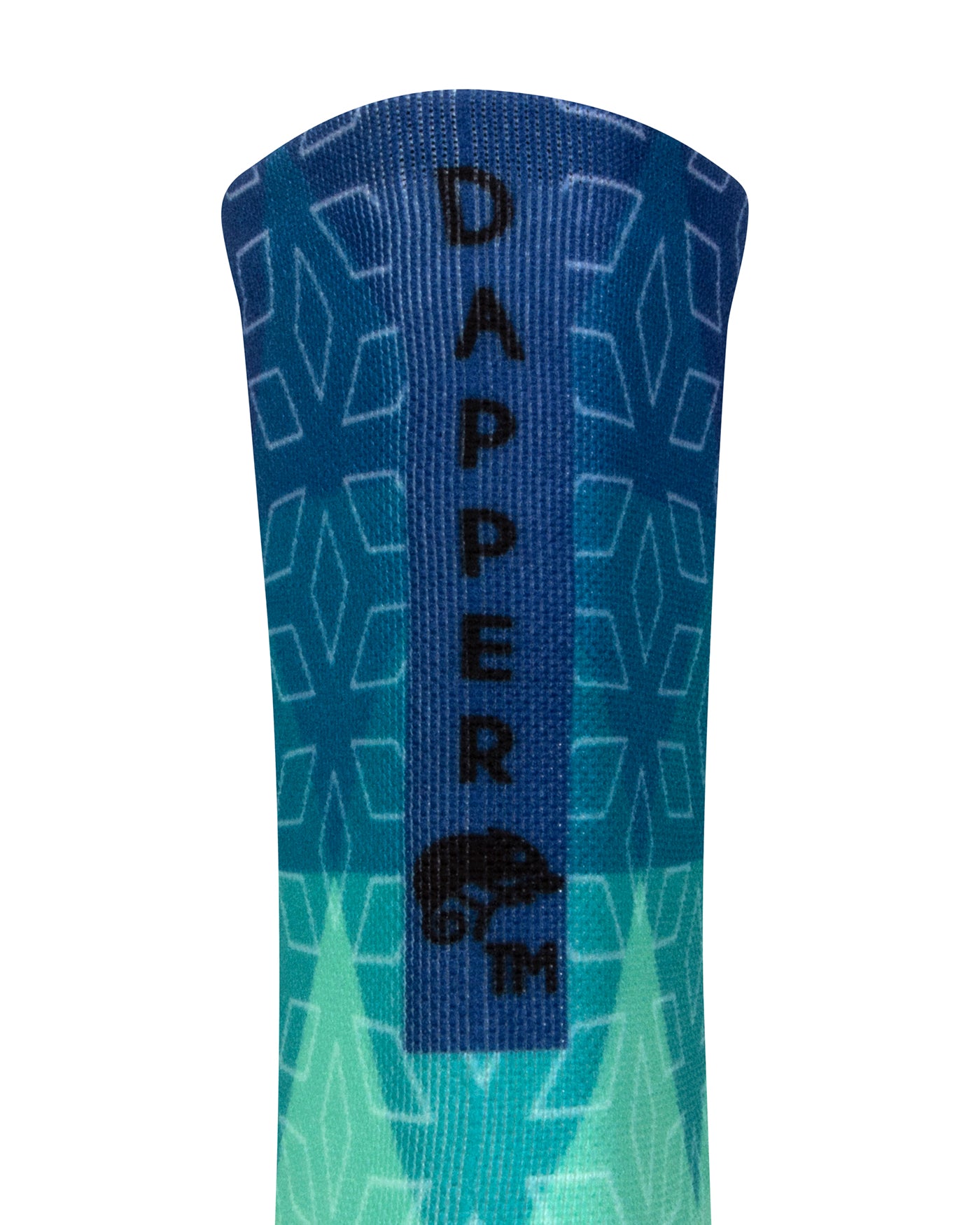 Back view of a seamless toe sock with blue and green ombre print design with a blue strip with Dapper Chameleon wording and logo in black.