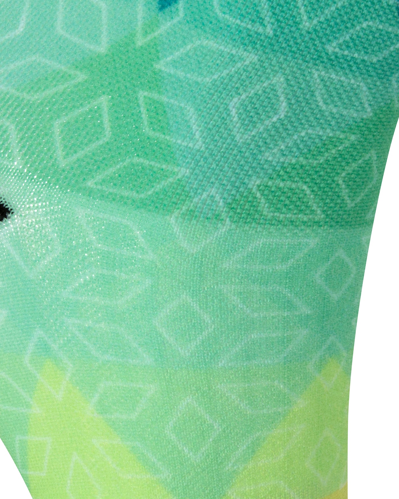 Textured heel view of a seamless toe sock with blue, green, yellow ombre print design and black heel.