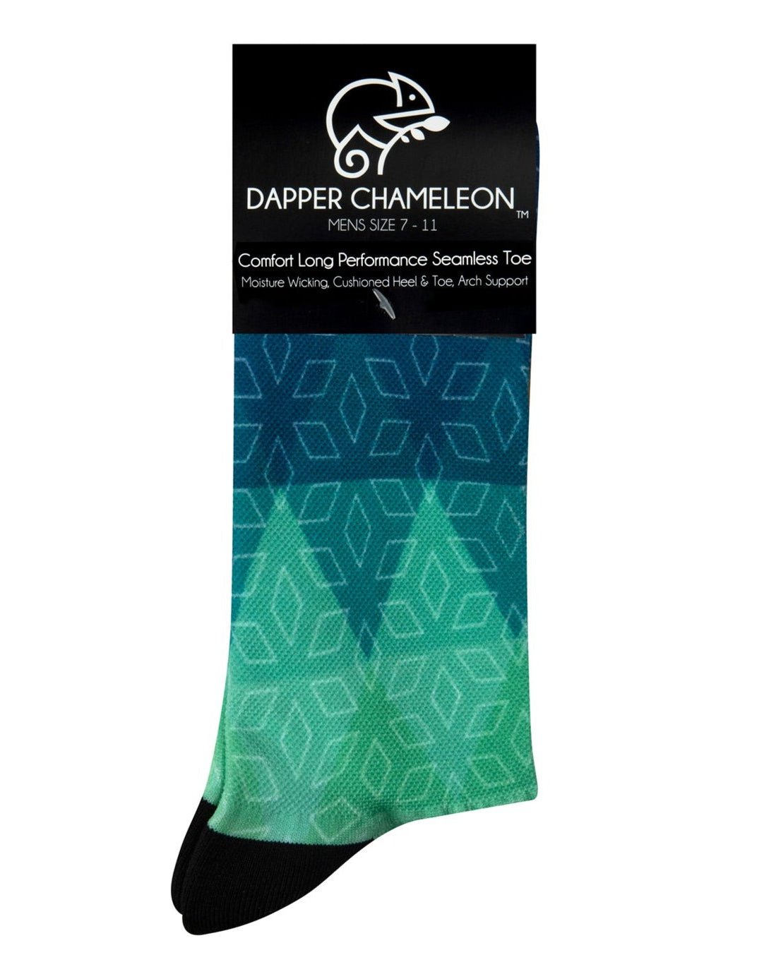 Header card packaging of a seamless toe sock with blue, green, yellow ombre print design and black heel and toe.