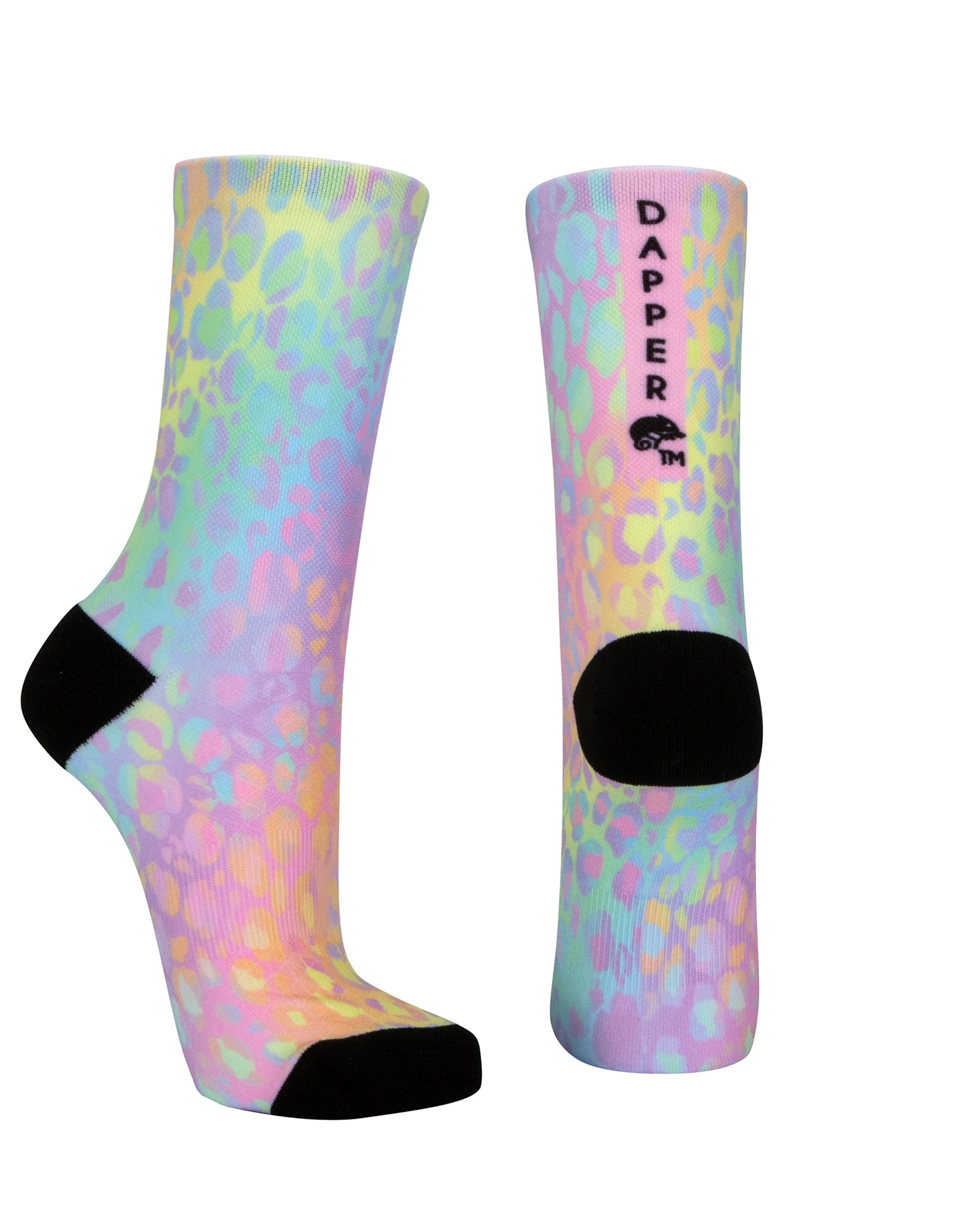 Seamless toe sock with pastel leopard print and black heel and toe.