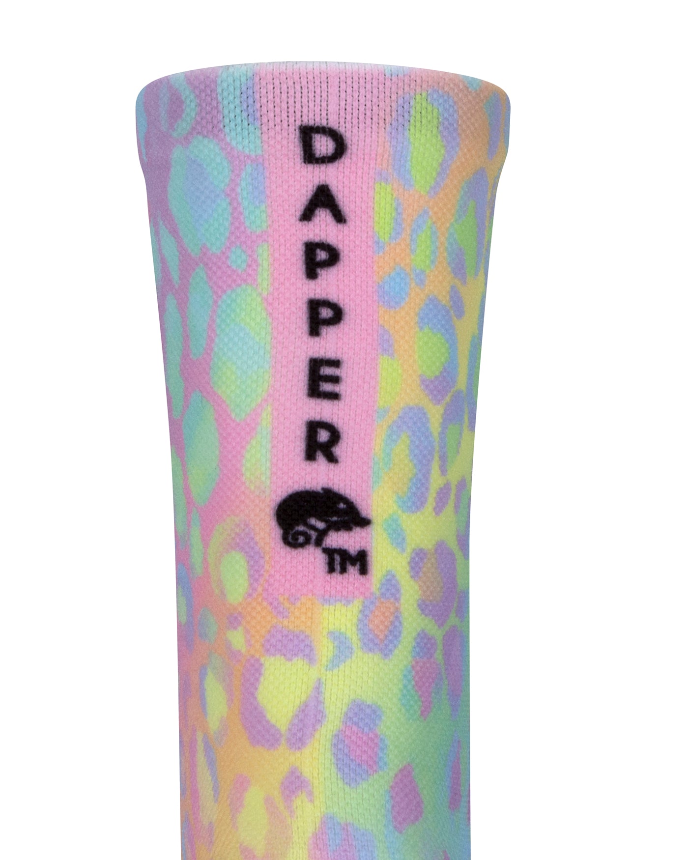 Back view of a seamless toe sock with pastel leopard print with a baby pink strip with Dapper Chameleon wording and logo in black.