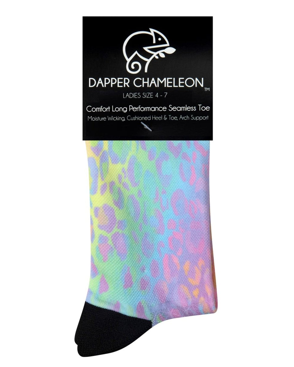 Header card packaging of a seamless toe sock with pastel leopard print and black heel and toe.