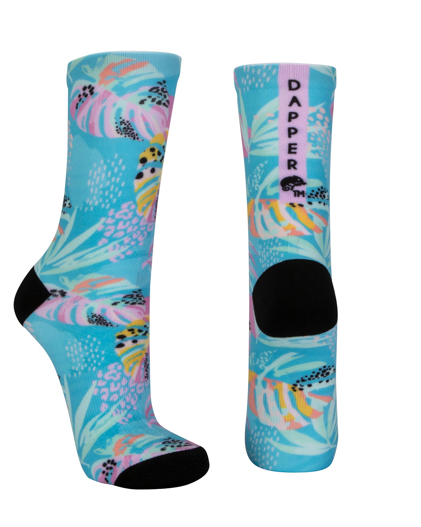 Seamless toe sock with pastel blue and pink fern design print and black heel and toe.