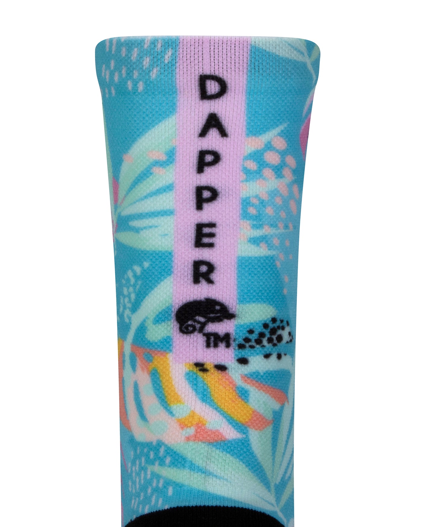 Back view of a seamless toe sock with pastel blue and pink fern design print with a lilac strip with Dapper Chameleon wording and logo in black.