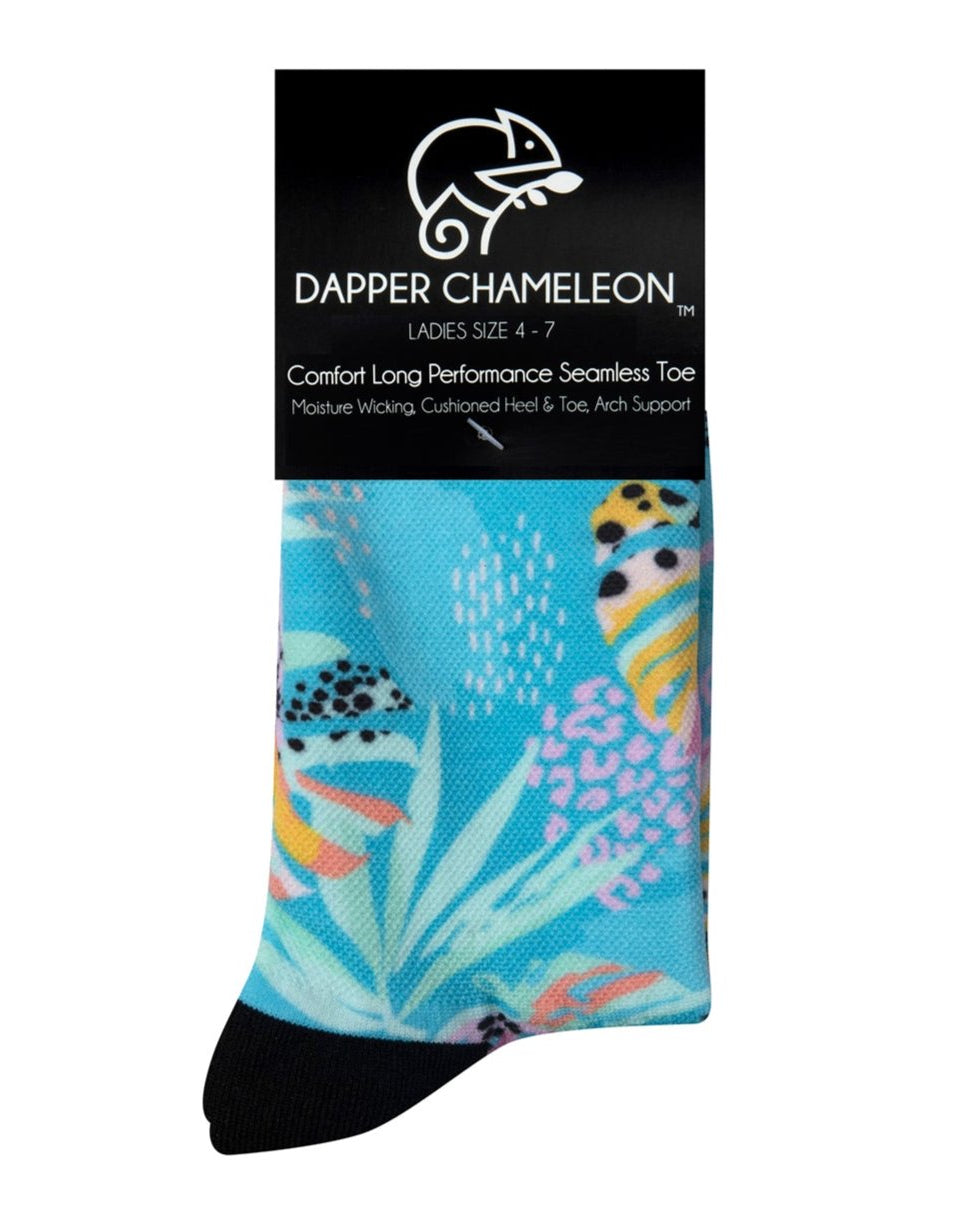 Header card packaging of a seamless toe sock with pastel blue and pink fern design print and black heel and toe.
