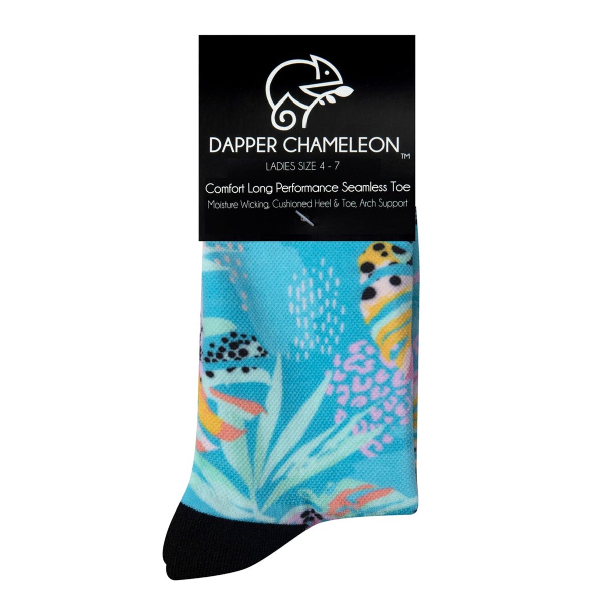 Header card packaging of a seamless toe sock with pastel blue and pink fern design print and black heel and toe.