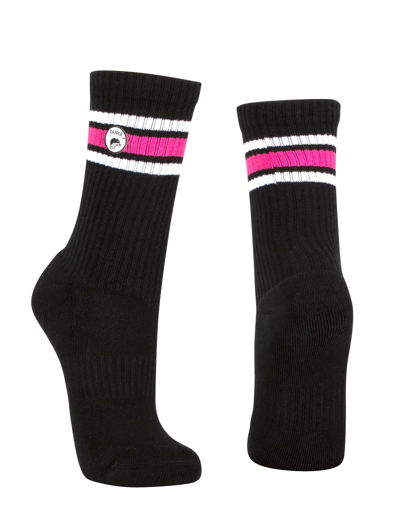 Long length ribbed black combed cotton seamless toe anklet with neon pink and white stripes with a black heel and toe, cushioned foot and circular gripper around the arch of the foot.