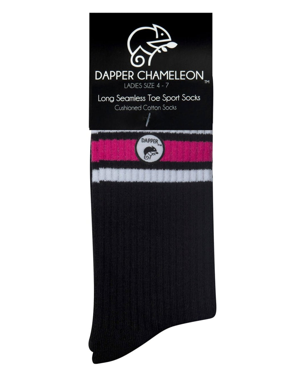 Header card packaging of a long length ribbed black combed cotton seamless toe anklet with neon pink and white stripes with a black heel and toe, cushioned foot and circular gripper around the arch of the foot.
