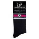 Header card packaging of a long length ribbed black combed cotton seamless toe anklet with neon pink and white stripes with a black heel and toe, cushioned foot and circular gripper around the arch of the foot.