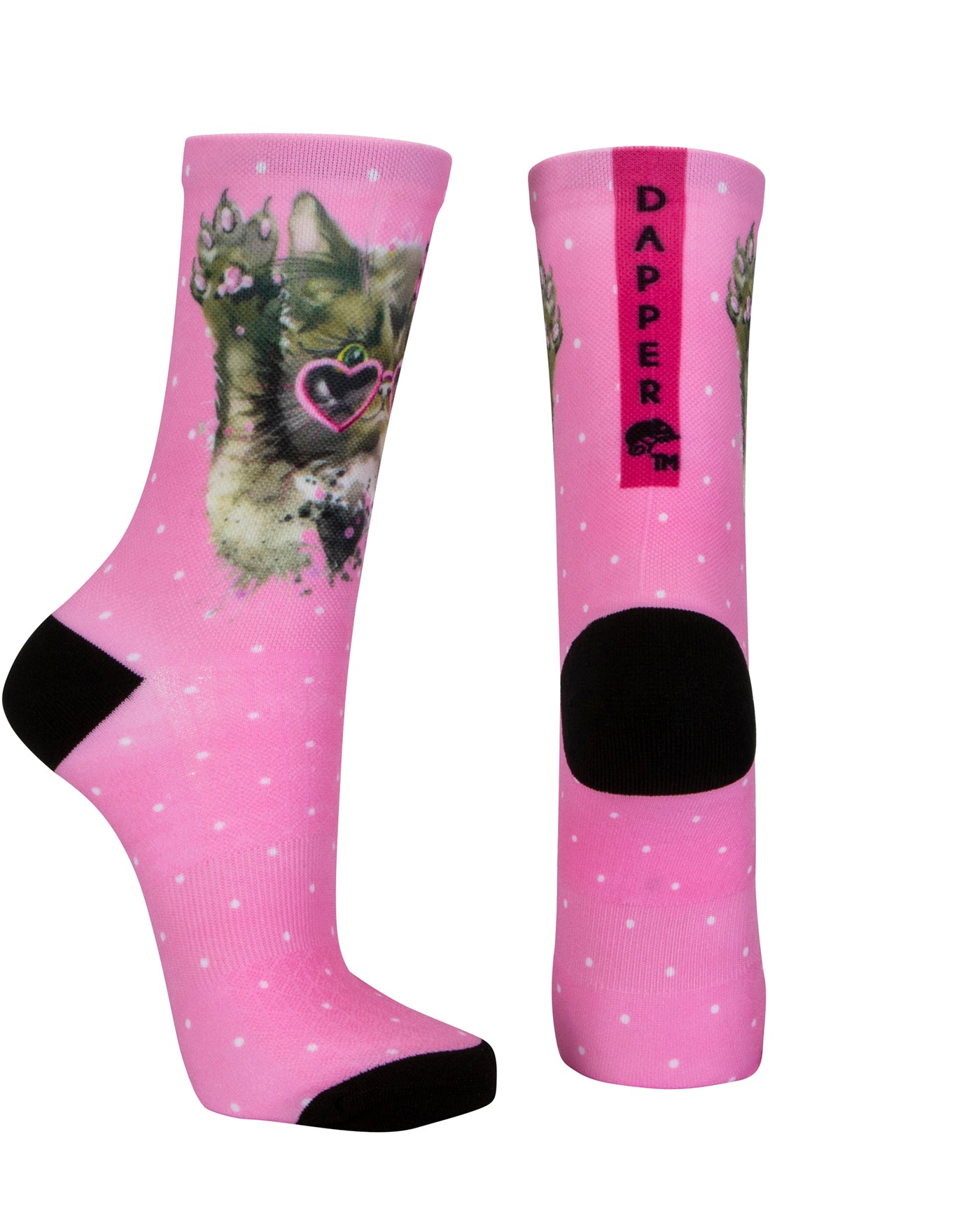 Pink seamless toe sock with white dots and glamour cat print design and black heel and toe.