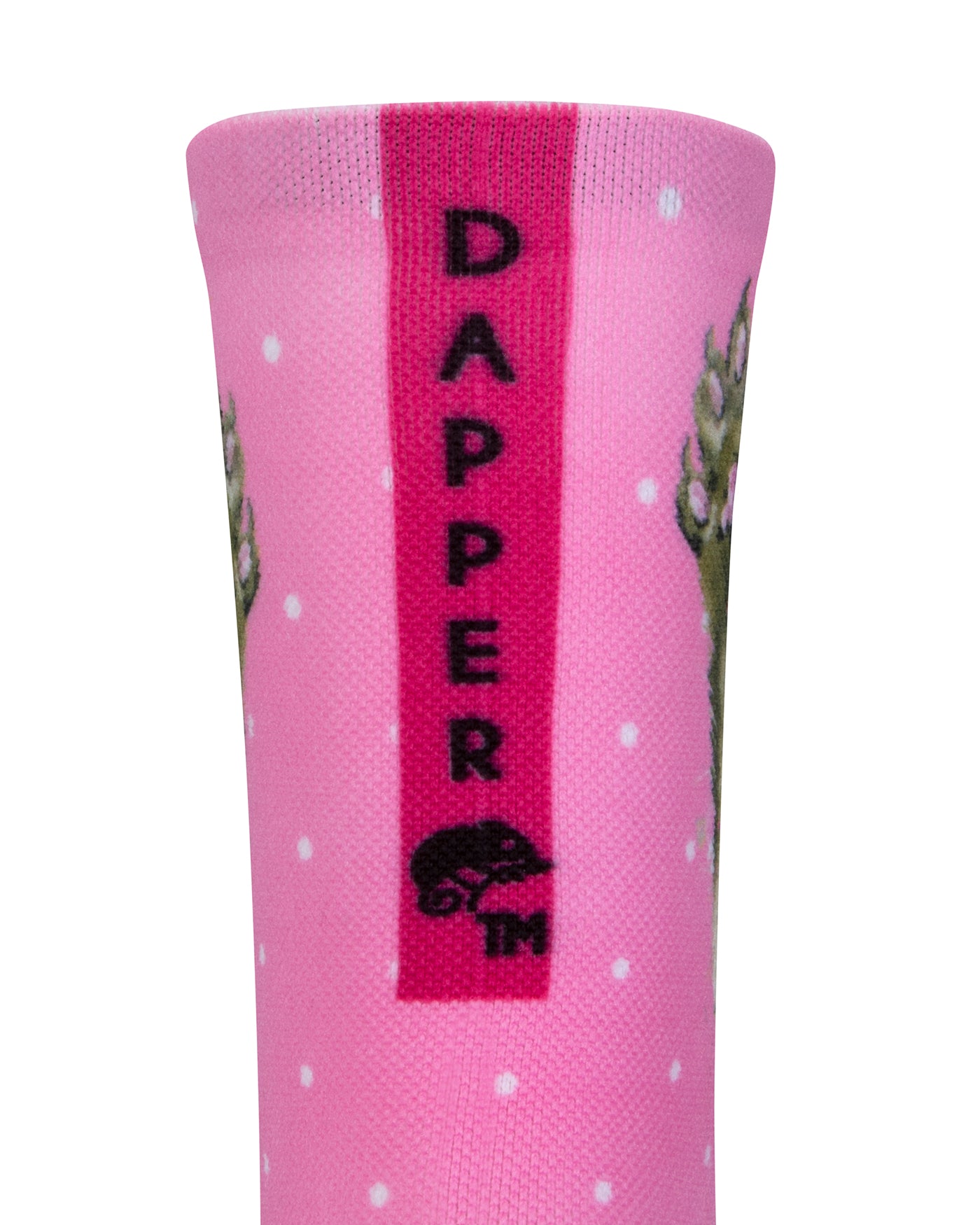 Back view of a Pink seamless toe sock with white dots and glamour cat print design with a bright pink strip with Dapper Chameleon wording and logo in black.